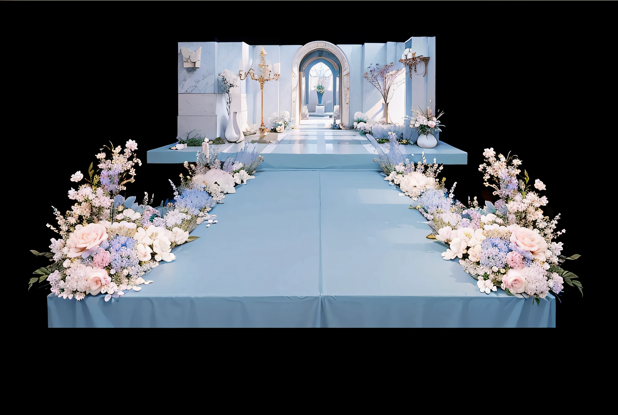 opulent ,Beautiful rendering,hyper HD,Hyper-realistic,,French wedding scene,CG rendering,lavishly decorated,enscape render,,Luxurious crystal ceiling,Wedding,opulent,high qulity,with details,Oil painting feeling,florals,Powder blue color scheme,No characters