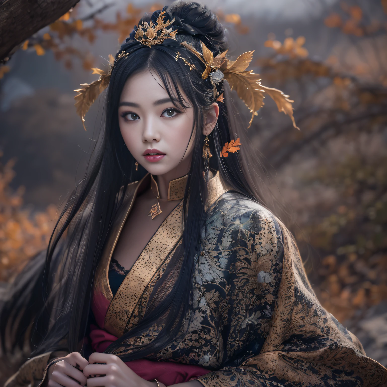 32K(tmasterpiece,k hd,hyper HD,32K)Long flowing black hair,Yellowstone,Tongzhou girl ,Back-indigo gourd(realisticlying:1.4),Flame linen robe,Bright purple-pink tiara,The leaves flutter,The canyon background is pure,Hold your head high,Be proud,The nostrils look at people,Bagua Boxing,Taiji Sword,In martial arts practice,jumpping, A high resolution, the detail,autumnal, RAW photogr, Sharp Re, Nikon D850 Film Stock Photo by Jefferies Lee 4 Kodak Portra 400 Camera F1.6 shots, Rich colors, ultra-realistic vivid textures, Dramatic lighting, Unreal Engine Art Station Trend, cinestir 800,Hold your head high,Be proud,proud