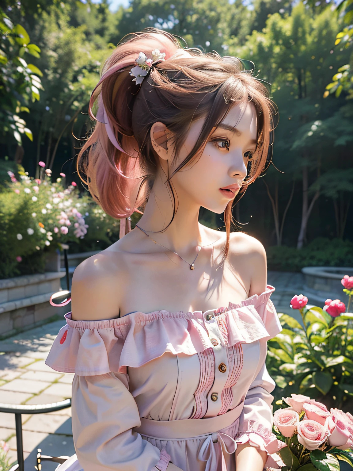 best quality, masterpiece, ultra details, high res, photo realistic, 1 girl with pink pony tail, off shoulder, flowers background