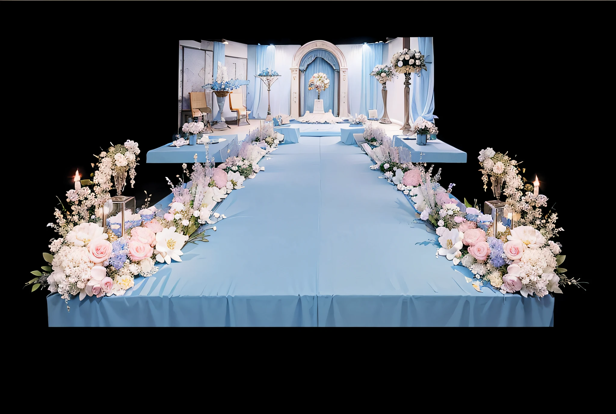 opulent ，Beautiful rendering，hyper HD，Hyper-realistic，，French wedding scene，CG rendering，lavishly decorated，enscape render，，Luxurious crystal ceiling，Wedding，opulent，high qulity，with details，Oil painting feeling，florals，Powder blue color scheme，No characters