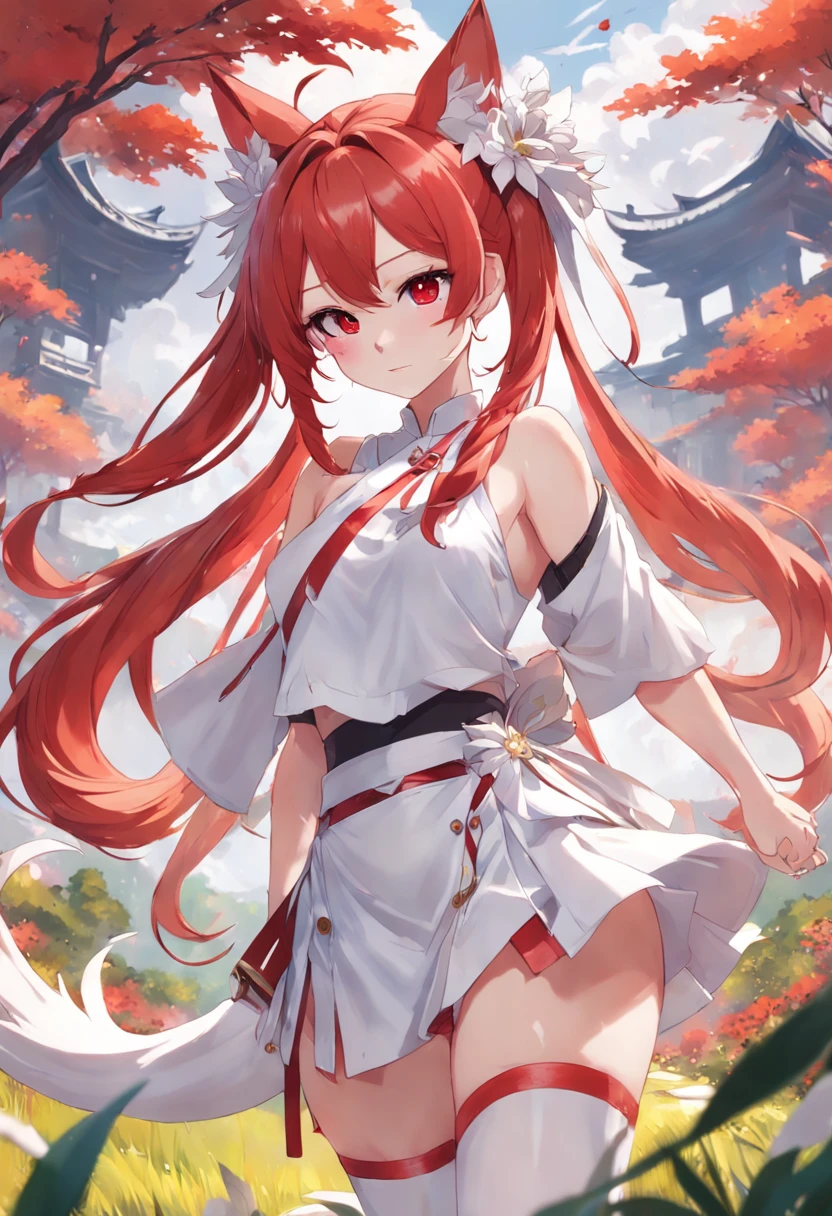 high detal,high high quality,A high resolution,Keqing's personality, Genshin Impact, Electronic, white clothes, White double ponytail,Short skirt that wraps around the hips,Beth,leg loops,ssmile,Place one hand behind your back,Be red in the face,White flowers fall,Anime girl with long hair and white shirt standing in a flower field,, Girl with fox ears, White fox ears, Fox ears,red color eyes,white color hair
