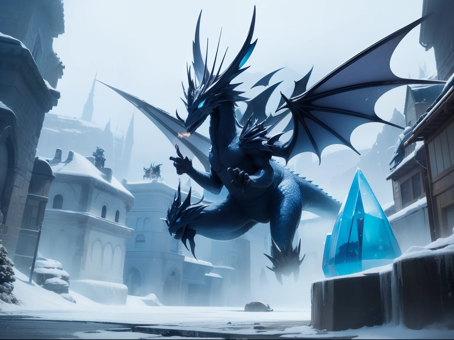 「Mechanical dragons ruling the ice kingdom」
Ice Kingdom: Cold、pale shades or ice shapes,
Mechanical Dragon: Robotic and mechanic design