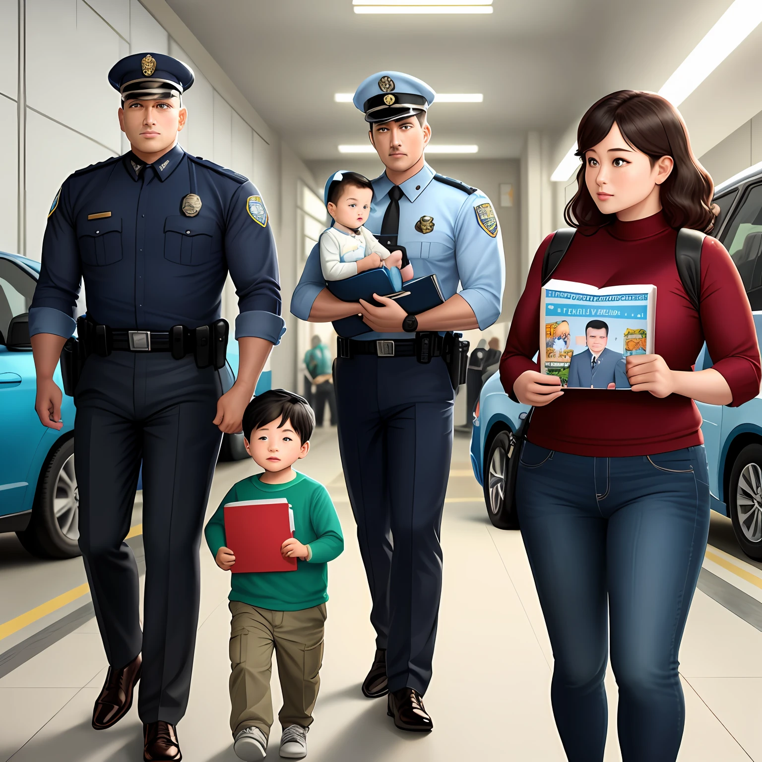 The background is beautiful，Family of three，Dad police uniform，Mommy teacher books，Son with toy police car，