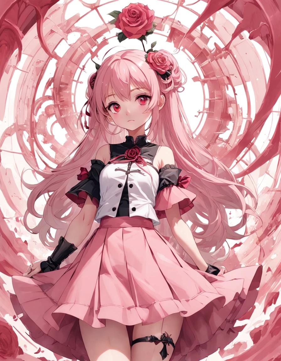 (Golden ratio: 1.2), (Rose graffiti: 1.2), (Fault color: 1.3), [（white backgrounid：1.5）：：5], (full bodyesbian: 1.2), ((Masterpiece, Highest quality)), (Golden ratio: 1.2), (Rose graffiti: 1.2), (Fault color: 1.3), [（white backgrounid：1.5）：：5], (full bodyesbian: 1.2), {(magical little girl)), Detailed face, Full of details, full bodyesbian, Cute girl with light pastel pink hair, Full of details, A bun hairstyle, Gothic Lolita, pretty eyes, Scissor weapons, "Rose" theme, theelementoffire, Skirts of various materials, Different fabrics, Red dress with caged crinoline, Highest high resolution
