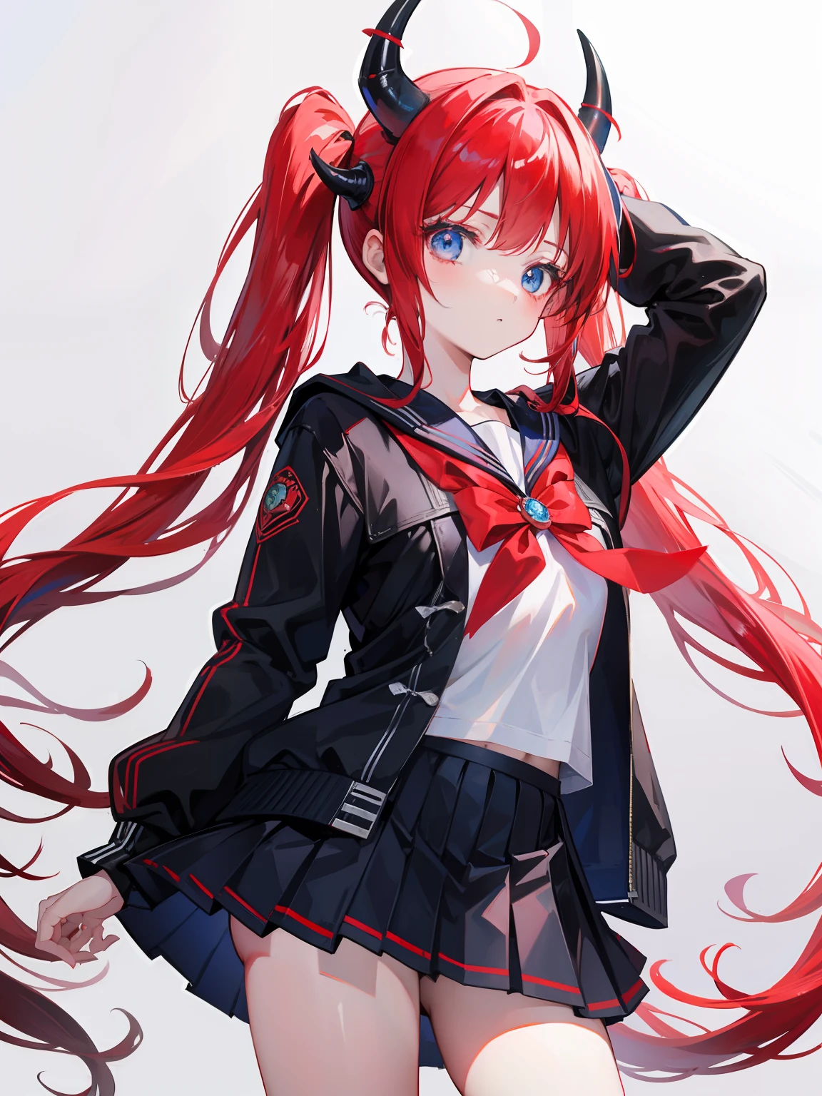 red hair, blue eyes, twintails, Sailor suit,black coat, Dragon horns,Pleated skirt,solo,loli,cute,bow