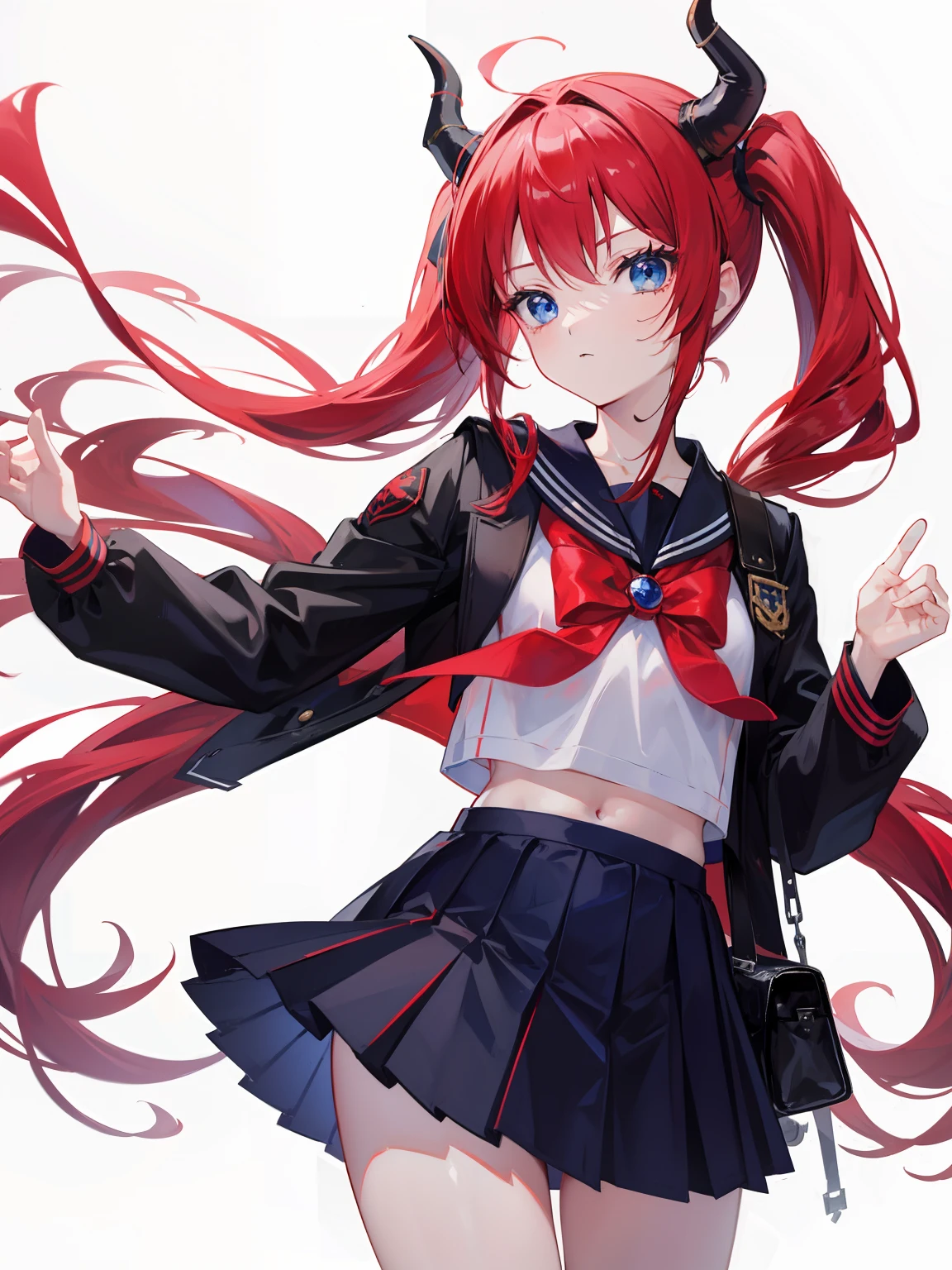 red hair, blue eyes, twintails, Sailor suit,black coat, Dragon horns,Pleated skirt,solo,li,cute,bow