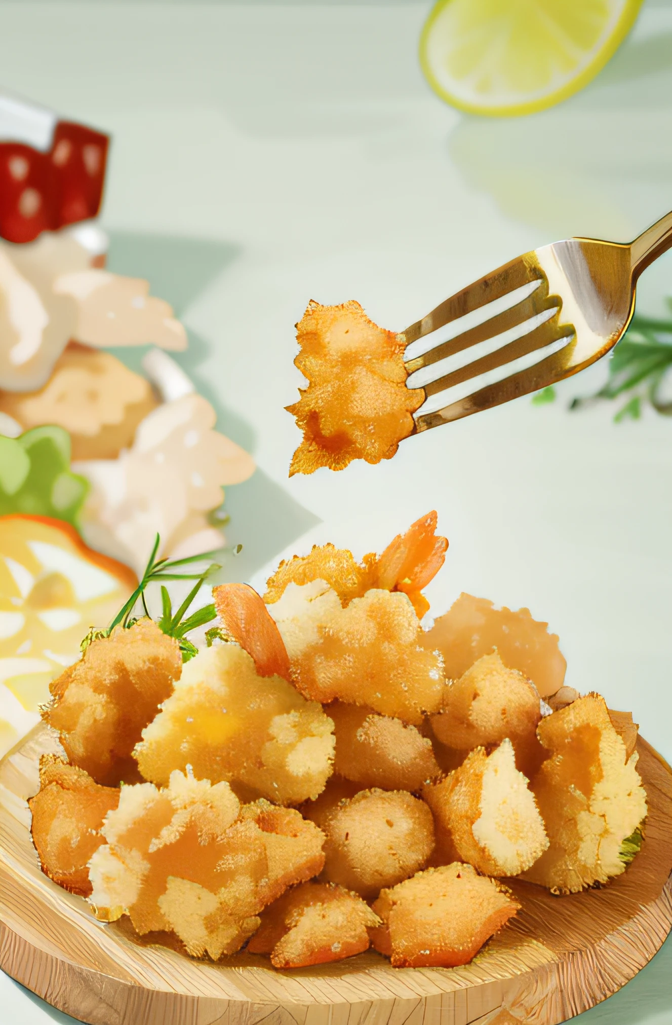 There is a wooden plate,There was a pile of fried food on it, closeup at the food, very crispy, high quality food photography, crisp and sharp, Partial, food, best on adobe stock, appetizing, chicken nuggets, Shrimp, Tempura on the panel, Ready to eat, Chicken, delicacy, crispy, Fried chicken, food commercial 4 k, Holiday