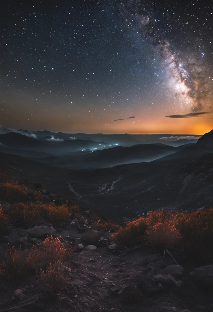 Expansive landscape photograph,(look from down,Sky and wilderness below),(moon full:1.2),(meteors:0.9),(Starcloud:1.3),Grassy woods,Big forest。Tree BREAK Production Art,(Warm light source:1.2),(glowworm:1.2),lamp lights,Purple and orange,Complicated details,Volumetriclighting,Realism rests(tmasterpiece:1.2)(best qualtiy), 4K,ultra-delicate,(Dynamic configuration:1.4),High level of detail and colorful details,(Irridescent color:1.2),(luminouslighting,Atmospheric lighting),dream magical,Magic,(独奏:1.2
