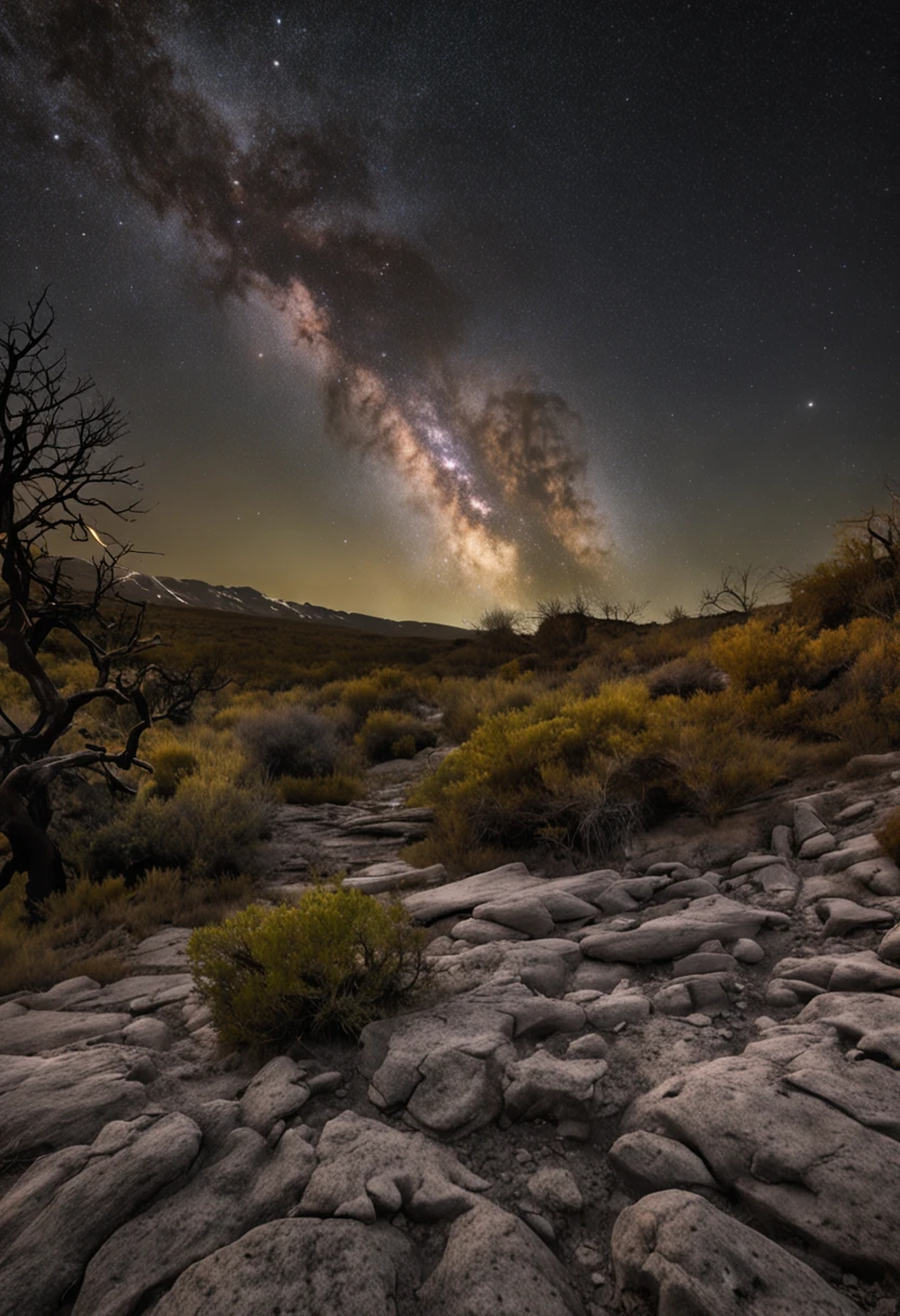 Expansive landscape photograph，（look from down，Sky and wilderness below），（moon full：1.2），（meteors：0.9），（Starcloud：1.3），Grassy woods，Big forest。Tree BREAK Production Art，（Warm light source：1.2），（glowworm：1.2），lamp lights，Purple and orange，Complicated details，Volumetriclighting，Realism rests（tmasterpiece：1.2）（best qualtiy）， 4K，ultra-delicate，（Dynamic configuration：1.4），High level of detail and colorful details，（Irridescent color：1.2），（luminouslighting，Atmospheric lighting），dream magical，Magic，（独奏：1.2
