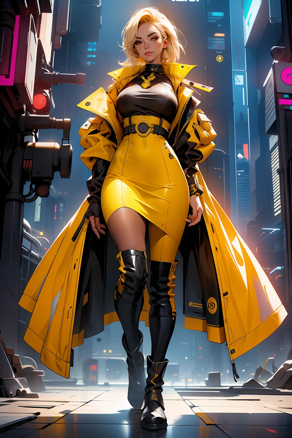 a woman in a yellow outfit and black boots stands in front of a city, cyberpunk art by Kim Hong-do, cgsociety, retrofuturism, cgsociety 9, full body cgsociety, worksafe.cgsociety