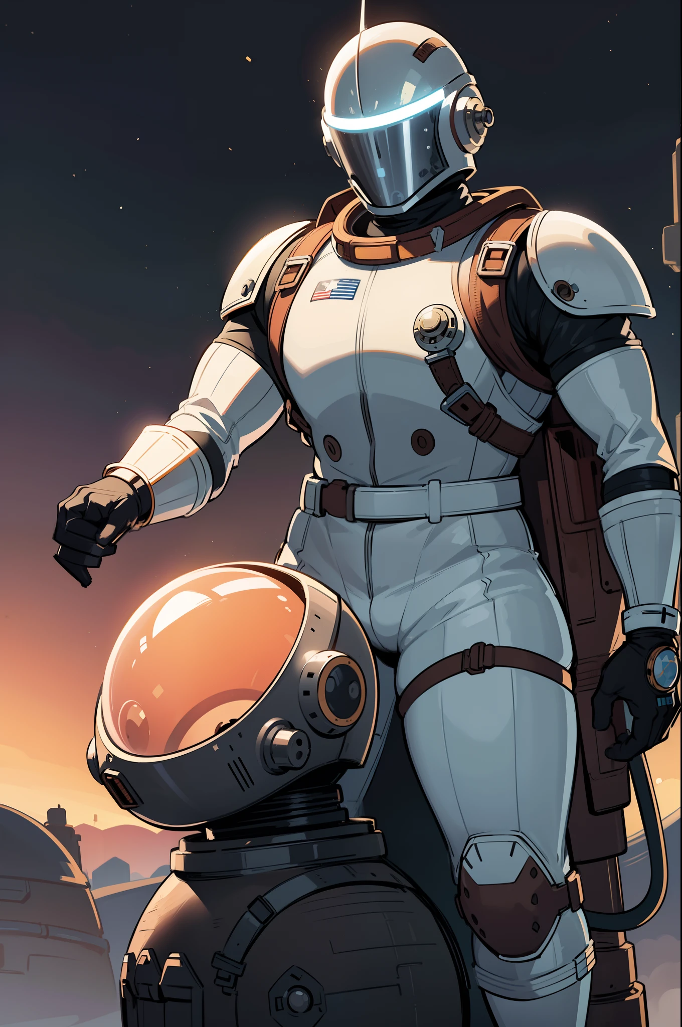 professional artwork, detailed eyes, beautiful eyes, thick thighs, breasts, beautiful face, flawless face, gorgeous face, smooth features, blush, short hair, beautifully detailed background, adventurous astronaut knight in bulky armored space suit, space suit looks like knight armor, space suit, thick heavy space suit, environment suit, hoses and tubes on suit, dials and switches, space suit backpack, nasa, nasa punk, nasapunk, astronaut, astronaut suit, cosmonaut, medieval knight, knight armor, leather armor and metal armor, mechanical background, sci fi, science fiction, futuristic, fantasy armor, full plate armor, medieval armor, knight helmet, knight visor, grilled faceplate, large helmet, big helmet, heavy collar, vacuum seal ring around neck, life support systems, rustic material, heavy stitching, thick leathers, armored breastplate, armored chest, leather gloves, rustic craftsmanship, adventurous, adventure, cute, smiling, shoulder pads, armor, white and orange outfit, heraldry, helmet on head, cassette futurism, gloved hands, bulky space suit, bulky suit, tubes and hoses, valves, mechanical, sword and shield, neon light, neon glow, neon, cuirass, pauldrons, chest armor, heavy metal chest armor, beam sword, plasma sword, light saber, knight, dome helmet, neck armor, sealed neck join, helmet is attached to collar around neck