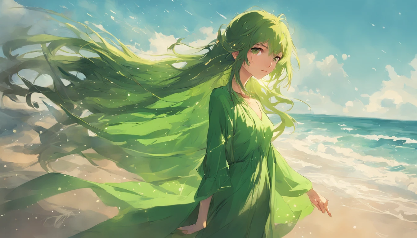 Woman with long hair and green dress standing on the beach, beautiful fantasy art portrait, beautiful fantasy art, beautiful digital painting, 8k high quality detailed art, beautiful gorgeous digital art, realistic cute girl painting, beautiful digital works of art, beautiful character painting, Gorgeous Digital Painting, Fantasy Art Style, beautiful fantasy portrait, Beautiful digital art, Beautiful fantasy maiden, beautiful digital illustrations