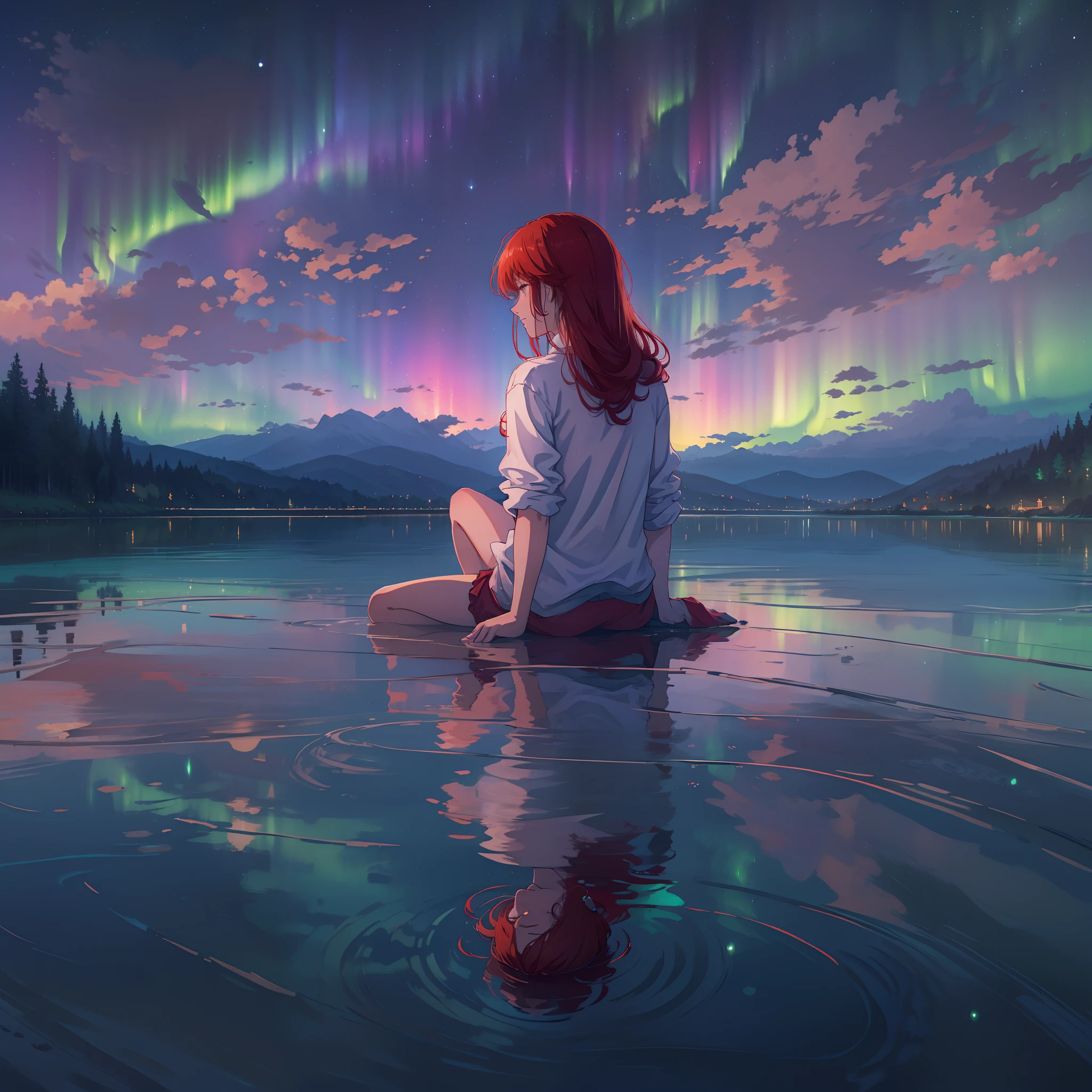 "(extremely realistic, high quality, ultra definition), serene and calm nightscape of a lake, crystal clear waters, reflection. 1 girl alone sitting by the lake, aurora, amazing sky, red hair, white shirt, panties, zoom in to character"