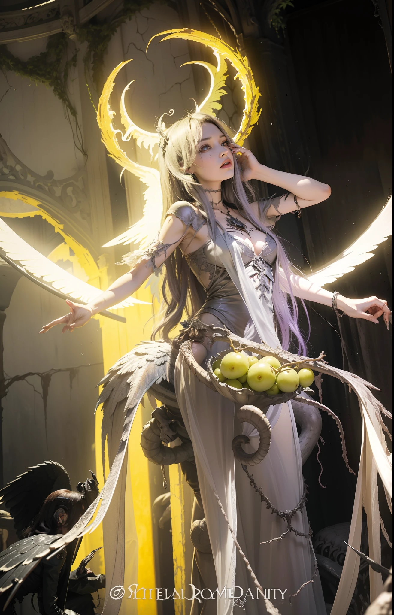 Fine matte paint,Skeleton Dark Angel, Haunted castle with large wings, Fill the drawing table with a knife,terroral,uncanny,horrid,secret terror,tentaculata,grape trees,The eye,uncanny valley effect teeth,all fours,Critters,Blood Moon,4K,high qulity,Beautuful Women,Delicate face