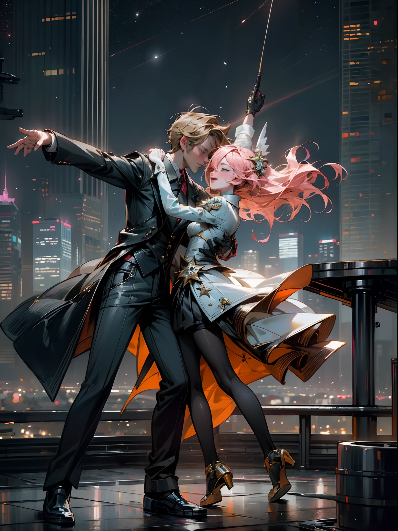 Create a captivating image,Inspired by Emma Stone and Ryan Gosling《City of Philharmonic》Romantic chemical reactions.' They are seen passionately dancing in a futuristic, sci-fi cityscape. The city should be adorned with neon lights, floating vehicle, and skyscrapers that stretch into the starry night sky, blending elements of romance and science fiction seamlessly
