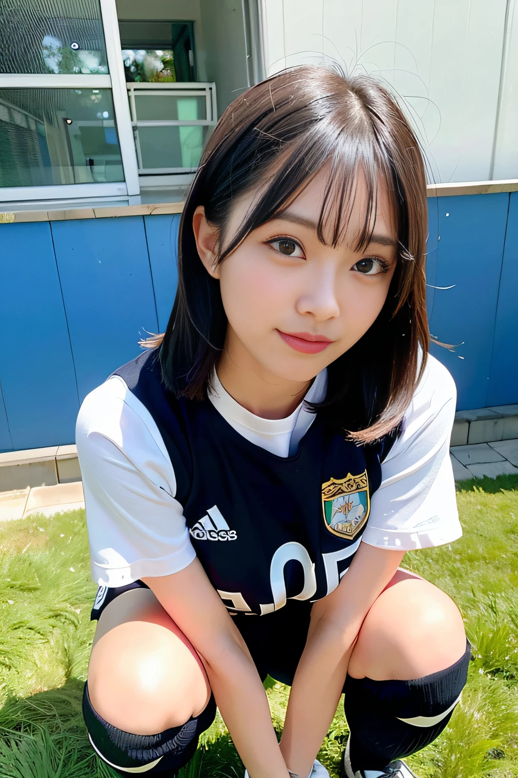 top-quality、超A high resolution、(Photorealsitic:1.4)、女の子1人、Japan national football team、Oversize、Manchester City kits、Wearing a soccer shirt、shortpants、(Black hair:1)、(huge-breasted:1.2)、a closeup、full body Esbian、Nasty eyes、full body Esbian