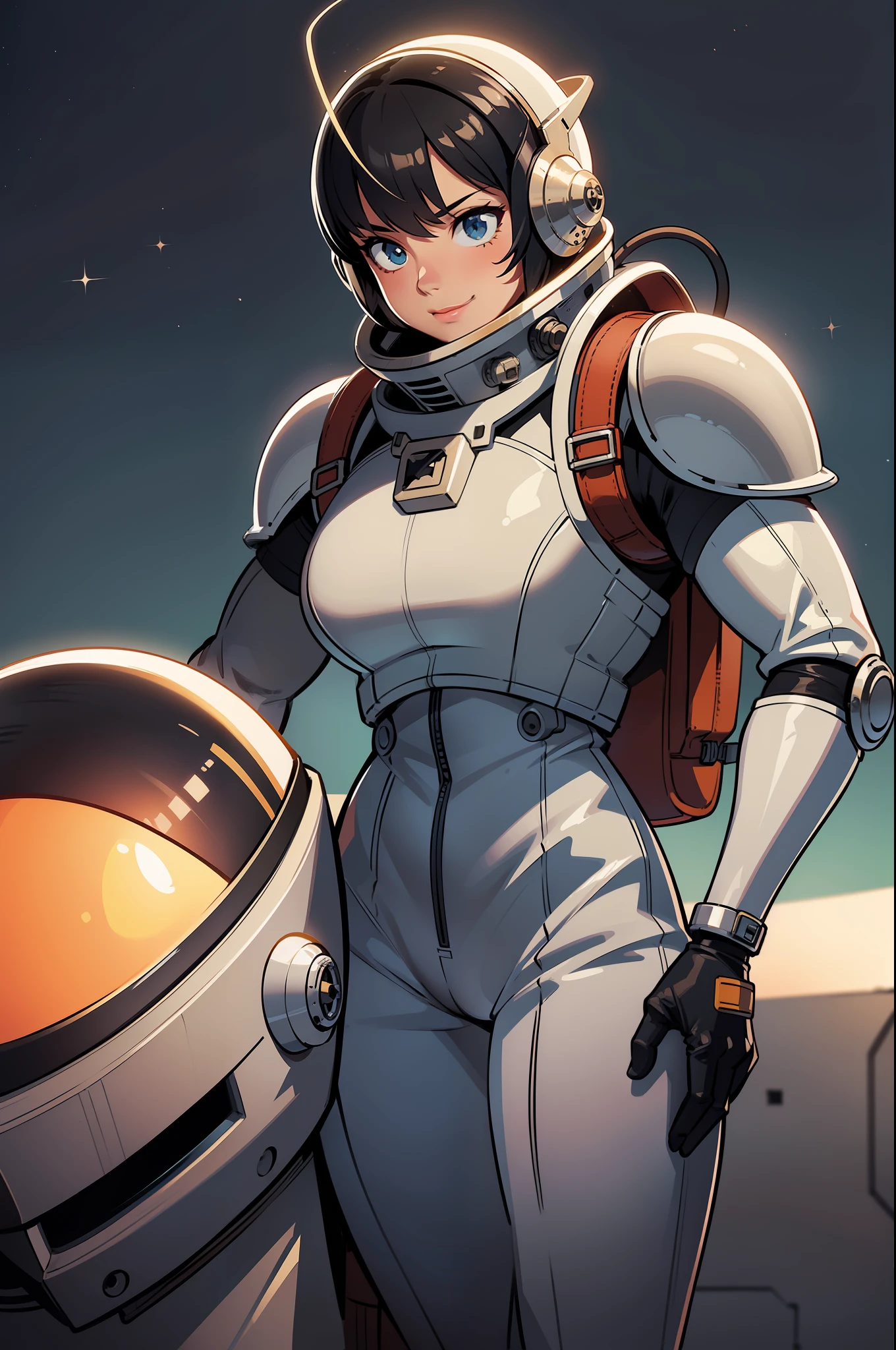 professional artwork, detailed eyes, beautiful eyes, thick thighs, breasts, beautiful face, flawless face, gorgeous face, smooth features, blush, short hair, beautifully detailed background, adventurous astronaut knight in bulky armored space suit, space suit looks like knight armor, space suit, thick heavy space suit, environment suit, hoses and tubes on suit, dials and switches, space suit backpack, nasa, nasa punk, nasapunk, astronaut, astronaut suit, cosmonaut, medieval knight, knight armor, leather armor and metal armor, mechanical background, sci fi, science fiction, futuristic, fantasy armor, full plate armor, medieval armor, knight helmet, knight visor, grilled faceplate, large helmet, big helmet, heavy collar, vacuum seal ring around neck, life support systems, rustic material, heavy stitching, thick leathers, armored breastplate, armored chest, leather gloves, rustic craftsmanship, adventurous, adventure, cute, smiling, shoulder pads, armor, white and orange outfit, heraldry, helmet on head, cassette futurism, gloved hands, bulky space suit, bulky suit, tubes and hoses, valves, mechanical, sword and shield, neon light, neon glow, neon, cuirass, pauldrons, chest armor, heavy metal chest armor, beam sword, plasma sword, light saber, knight, dome helmet, neck armor, sealed neck join, helmet is attached to collar around neck