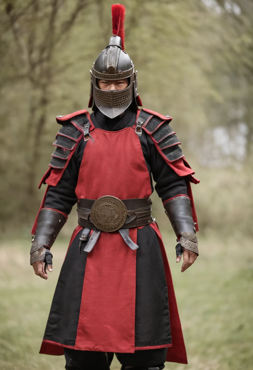 Ancient Chinese general,black undersuit,Wearing soft armor,The back is a red cloak, Wear a helmet on your head,standing full-body,Full body photo,Press the sword in front of your hands
