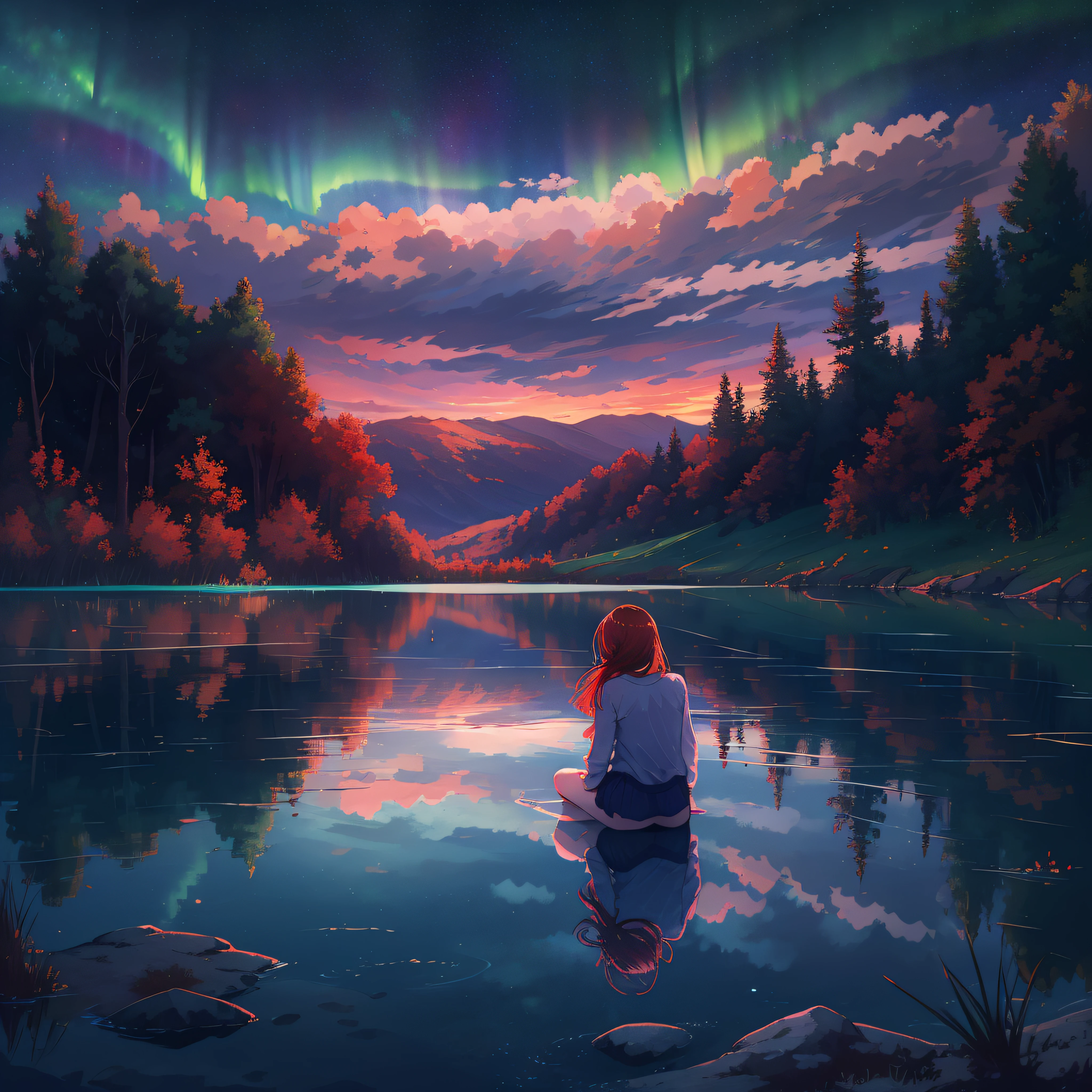 "(extremely realistic, high quality, ultra definition), serene and calm nightscape of a lake, crystal clear waters, reflection. 1 girl alone sitting by the lake, aurora, amazing sky, red hair, white shirt, panties, zoom in to character"