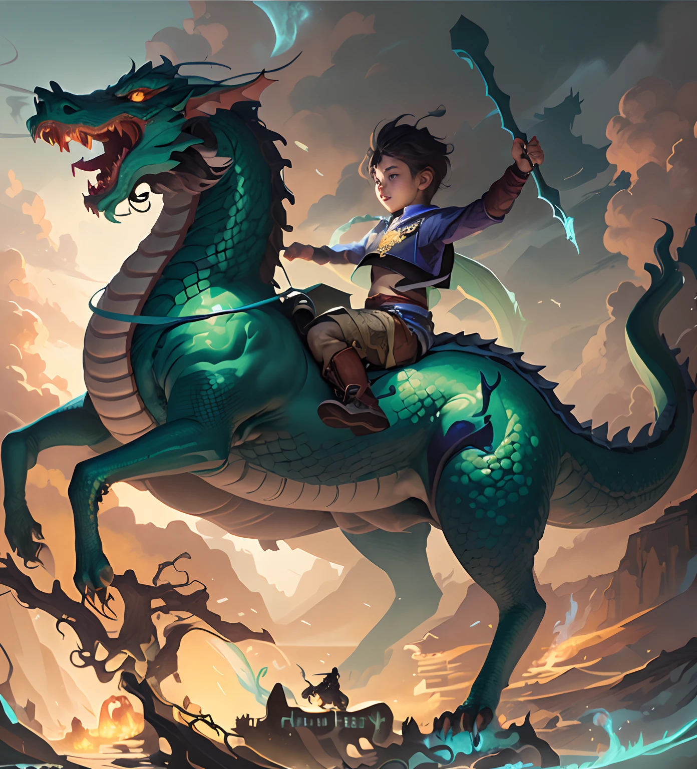 Boy riding a blue, green dragon, Dragon Rider, Dragon Ride, epic fantasy digital art style, by Yang J, Children's art in art, epic fantasy art style, by Ryan Yee, Epic Fantasy Illustration, Fat vs Dragons. passenger, Epic Digital Art Illustration, by Raymond Han, teenage girl riding a dragon, by Bayard Wu