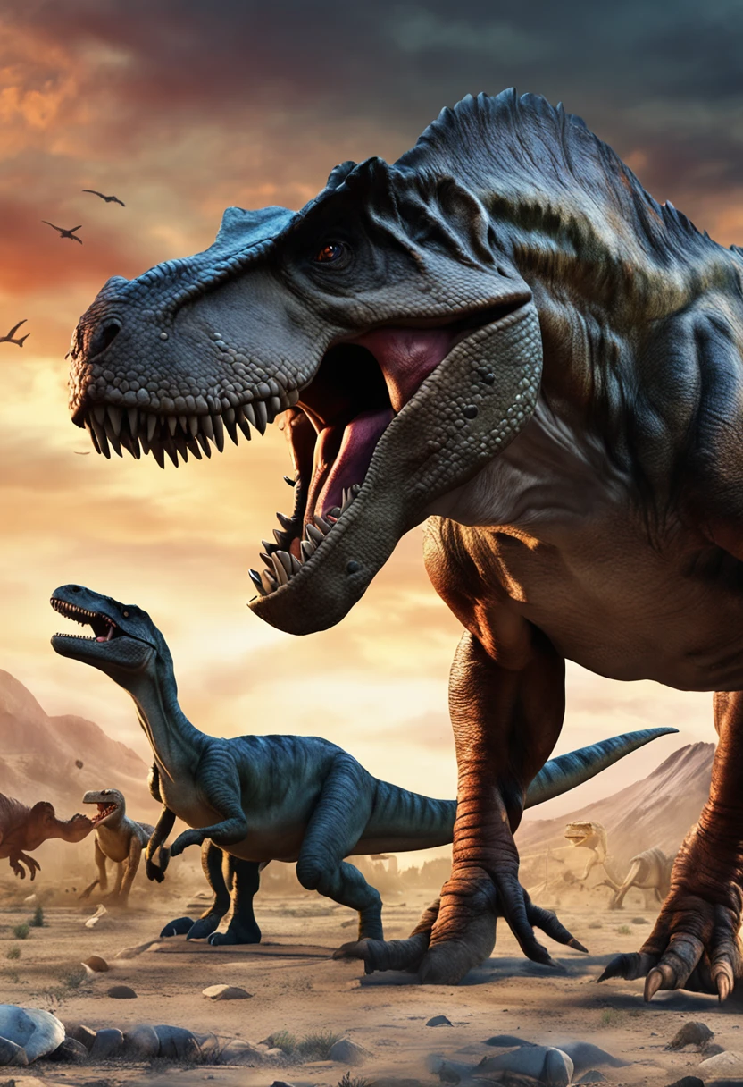 (dinosaurs),(best quality,4k,highres),realistic,detailed,ferocious,scaled skin,big sharp teeth,strong muscular body,roaring and screaming,wide-opened mouth,sharp claws,scaly texture,dangerous posture,dominant creatures,prehistoric era,prehistoric mammals,ancient forest background,dark atmosphere,ominous lighting,fierce eyes,terrifying presence,vivid colors,ominous shadows,intricate details,dinosaur skeleton,overwhelming power,mighty predators,imposing figures,prey animals fleeing in fear,menacing roars,striking and aggressive poses,wide range of species,extinct giants,unstoppable force,fear-inducing silhouette