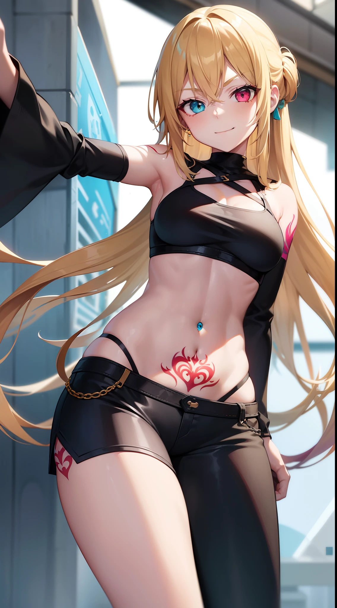 ((Highest quality)), ((masterpiece)), (Familiar), Lusamine,Tattoo,thin,Long blonde hair,Small breasts,Small breasts,Erect nipples,Adult female,Green Eyes,Slanted Eyes,White and black T-shirt,No sleeve,Gold embroidery,Black shoes,Fascinating,Red pants