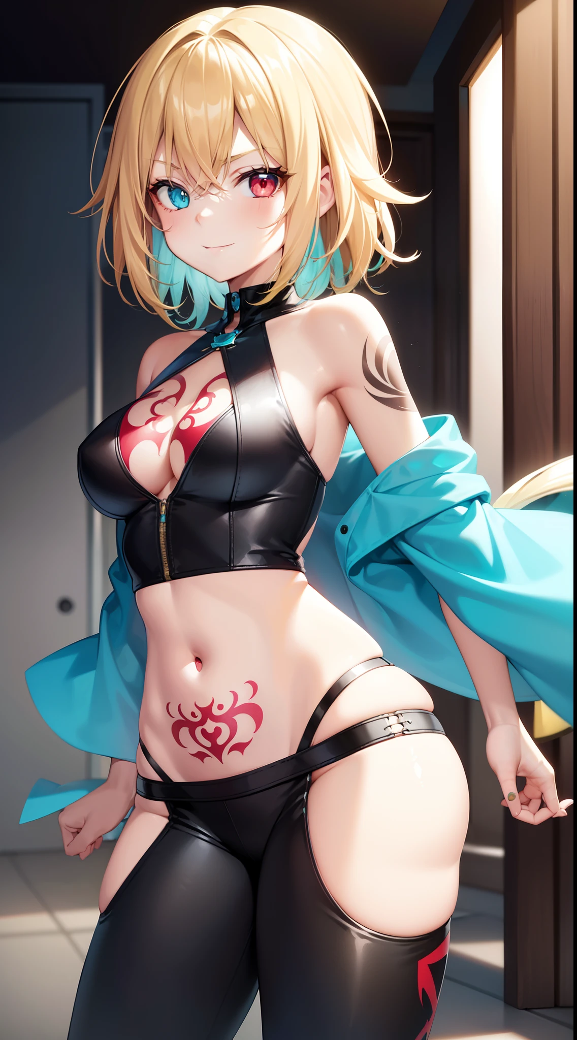 young girl, longue blonde hair, Heterochromia, turquoise and red eyes, smirk, Tatoo, tight turquoise top, open belly, Skinny black pants, seen from behind, tattoo, Masterpiece, hiquality