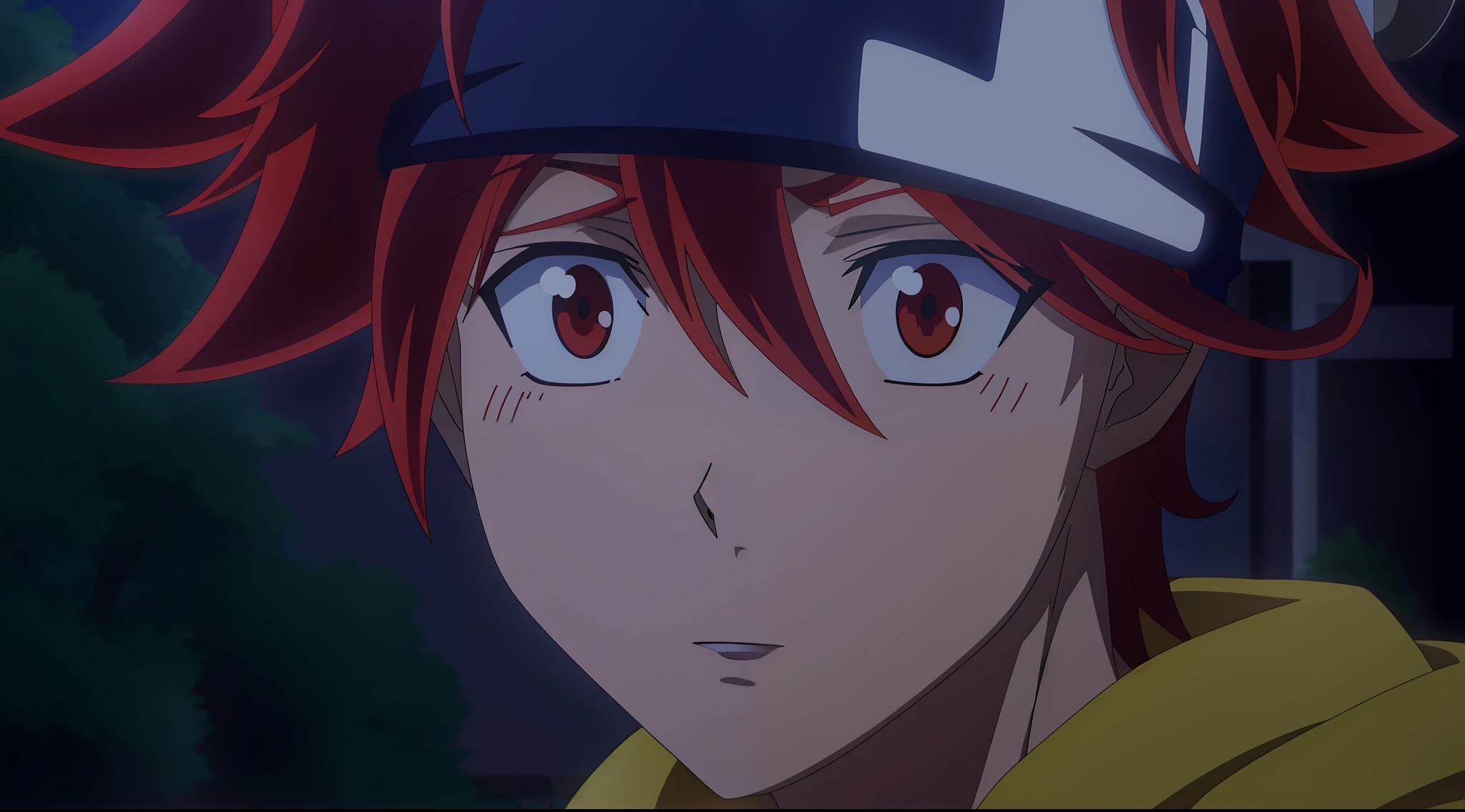 anime character with red hair and a white hat staring at something, orange - haired anime boy, anime still image, 2 0 1 9 anime screenshot, still from tv anime, anime screenshot, still from anime, 8k!, screenshot from the anime film, official anime still, in the anime film, today's featured anime still, rin, ssss.gridman, anime still