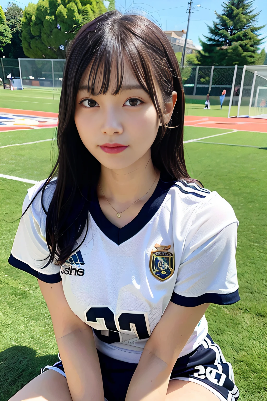 1girl, team national Jersey indonesia football, medium breasts, silver hair,white simple Bun hairstyle,,standing a stadium, detailed face, detailed eyes, smiling, attractive , seductive, raised arms,body slim, shiny skin, ((looking up from below)), (8k, RAW photo, best quality, masterpiece: 1.2), (realistic, realistic: 1.37), ultra-high resolution, ((solo))
