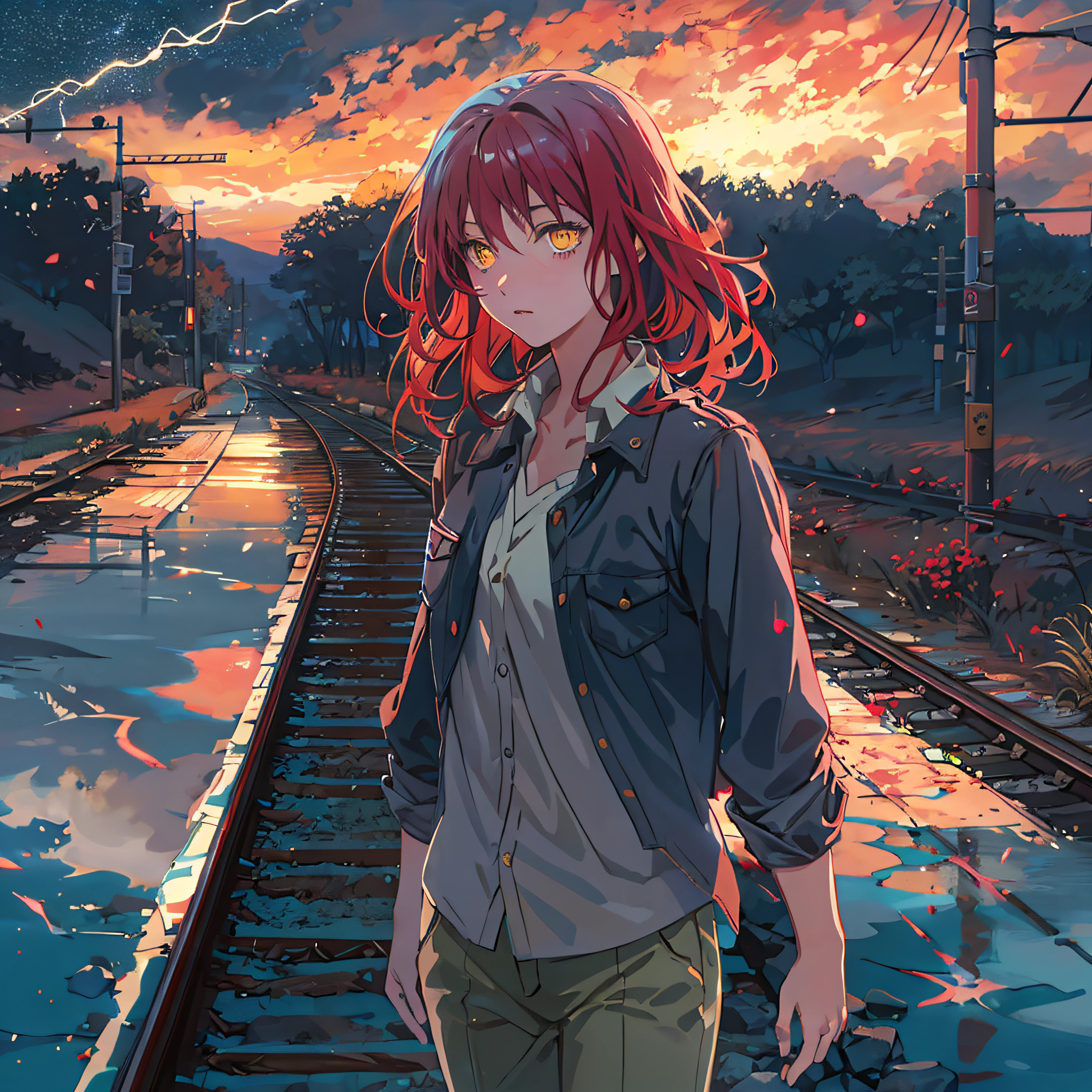 eldritch horror prophecy, creatures, lightning from skies, lava from ground, a figure of man standing in front, masterpiece, through bodies of water on tracks, bright starry sky. Romantic train, Makoto Shinkai's picture, pixiv, concept art, lofi art style, reflection. by Makoto Shinkai, lofi art, Beautiful anime scene, Anime landscape, detailed scenery —width 672, in style of Makoto shinkai, style of Makoto shinkai, enhanced details, 1 girl, red hair, yellow eyes, makima,unbuttoned shirt with collar, on the chest, a lot of, black unbuttoned pants, wide hips.