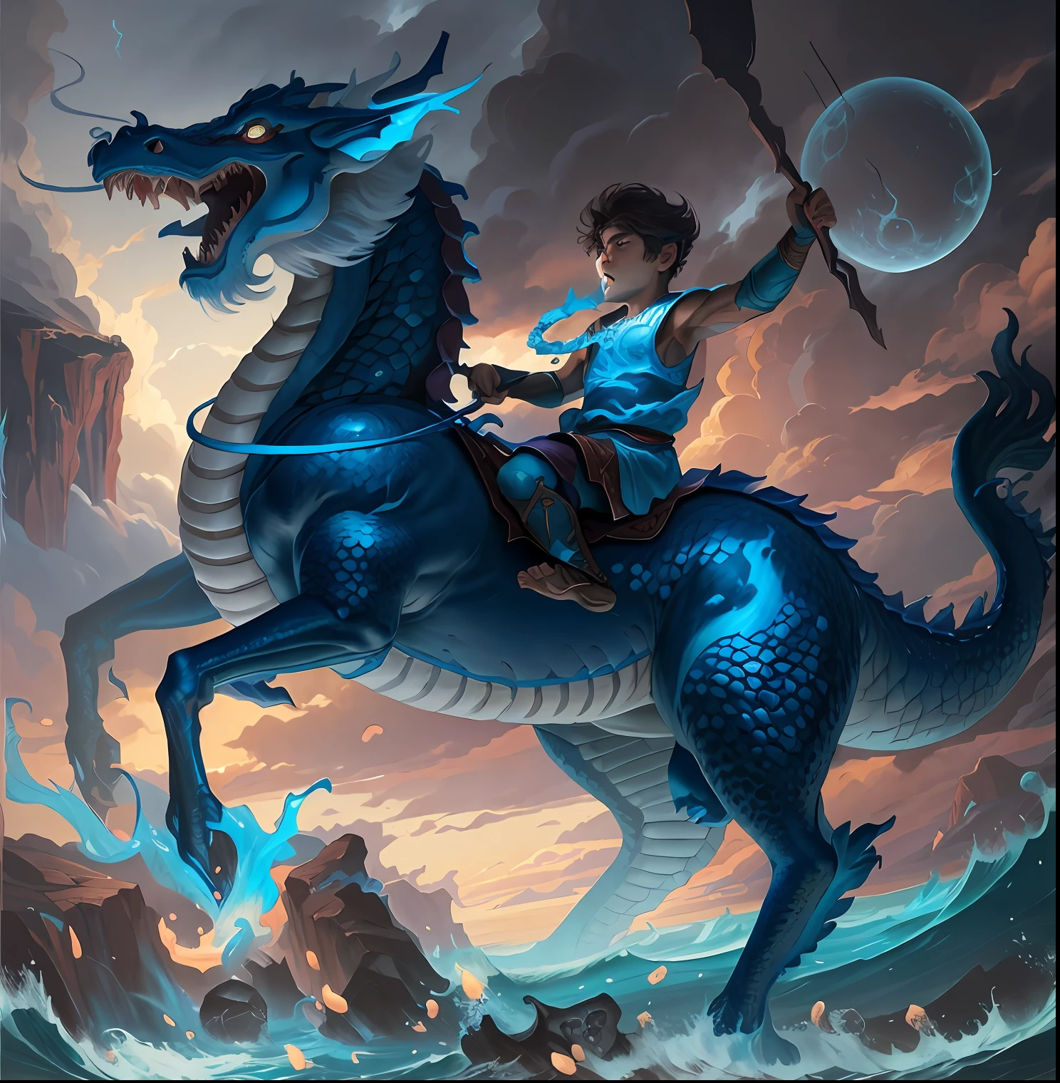 Close-up of a boy riding a blue dragon on the waves., Dragon Rider, epic fantasy digital art style, Dragon Ride, epic fantasy art style, digital painting greek mythology, Epic Fantasy Illustration, Rob Ray, Joe Biden rides a dragon, Digital Fantasy Illustration, detailed digital 2d fantasy art, epic fantasy style art, Jesus rides a dragon, epic fantasy art style hd