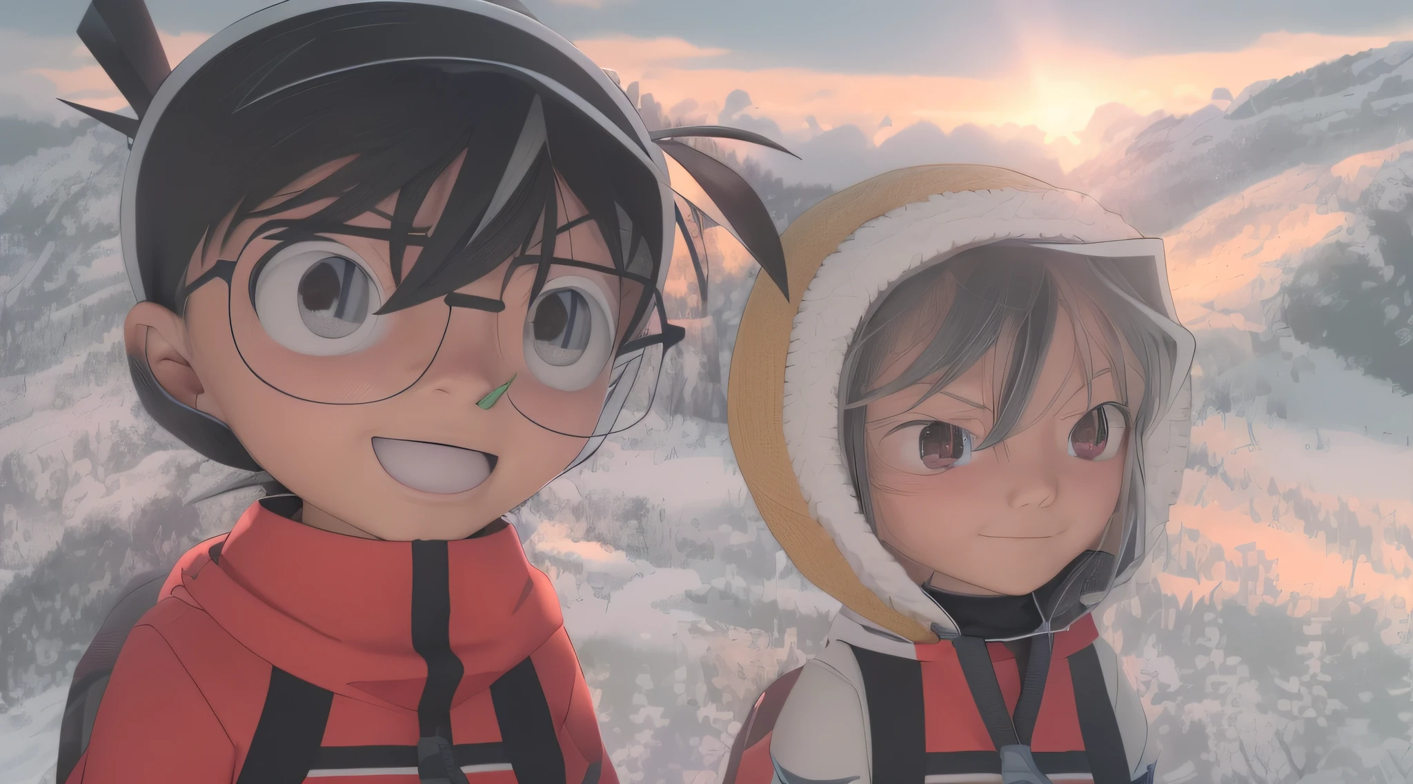 Anime image of two people in winter clothes standing in front of a mountain, anime yuru camp, still from tv anime, anime still frame, anime big breast, in the anime film, Today's featured anime stills, anime still frame, nagatoro, anime movie screenshot, Anime screencap, high quality anime movie still, screenshot from the anime film
