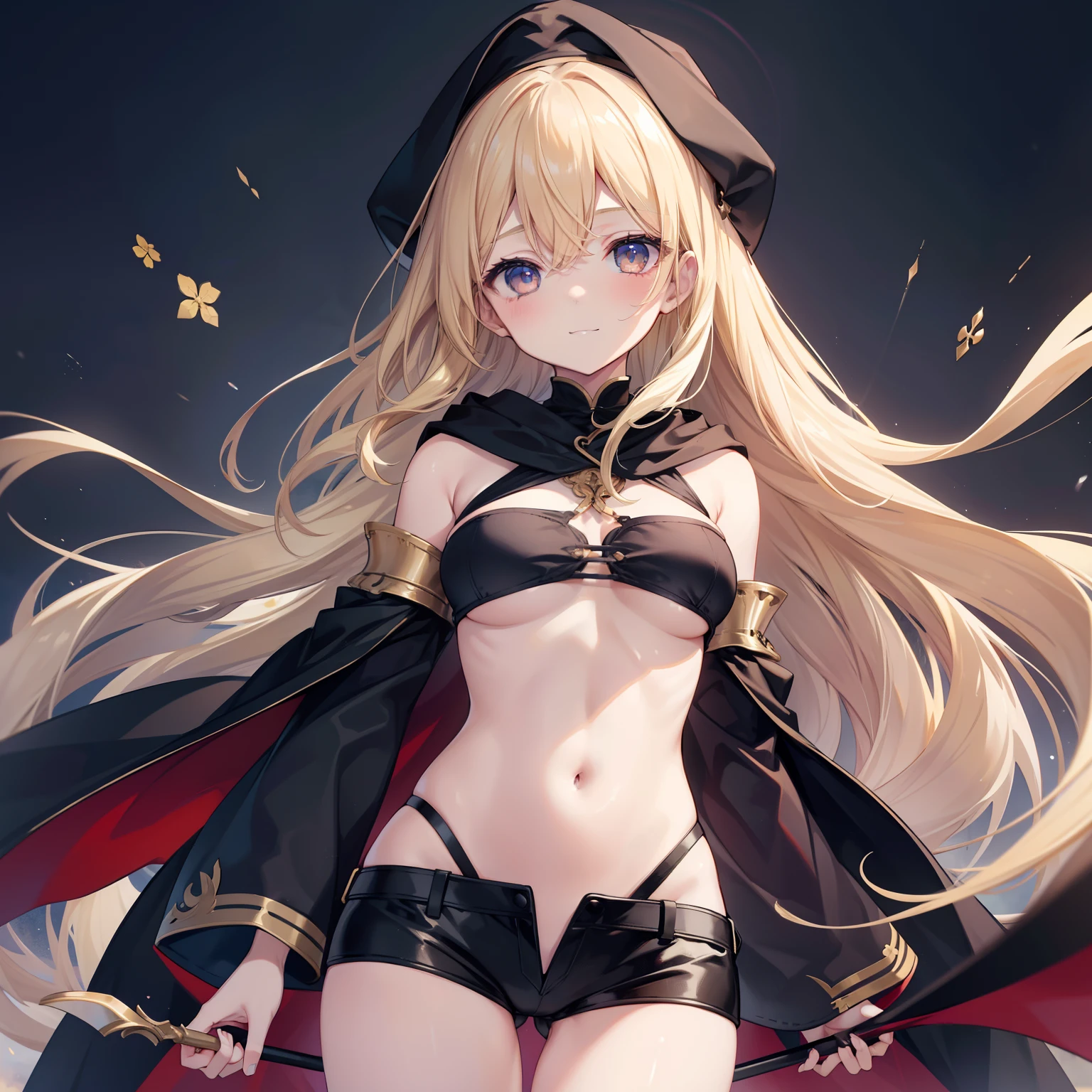 1girl, solo, perfect bodies、Masterpiece、Golden hair、length hair、large full breasts、Clothes that stick to your body、Black clothe、black cloak、Hanging、Poor eye、Sanpaku eyes、Big eyes、Beautiful eyes、Lustrous skin、hotpants、Navel、Shoulder out、Lack of sleeves、battle garments、Dynamism、Cinematic angle of view、a smile、