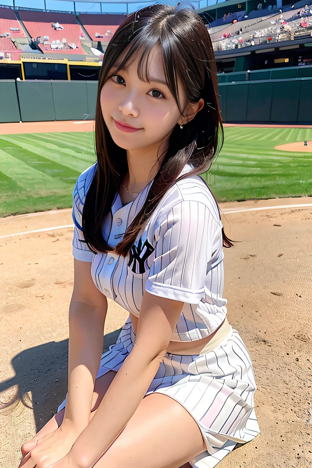 top-quality、超A high resolution、(Photorealsitic:1.4)、女の子1人、Baseball Player、Wearing a baseball uniform、Striped pattern、skirt by the、(Black hair:1)、(huge-breasted:1.2)、((Gymnasium))、Yankees Stadium、a closeup、full body Esbian、Nasty eyes、full body Esbian