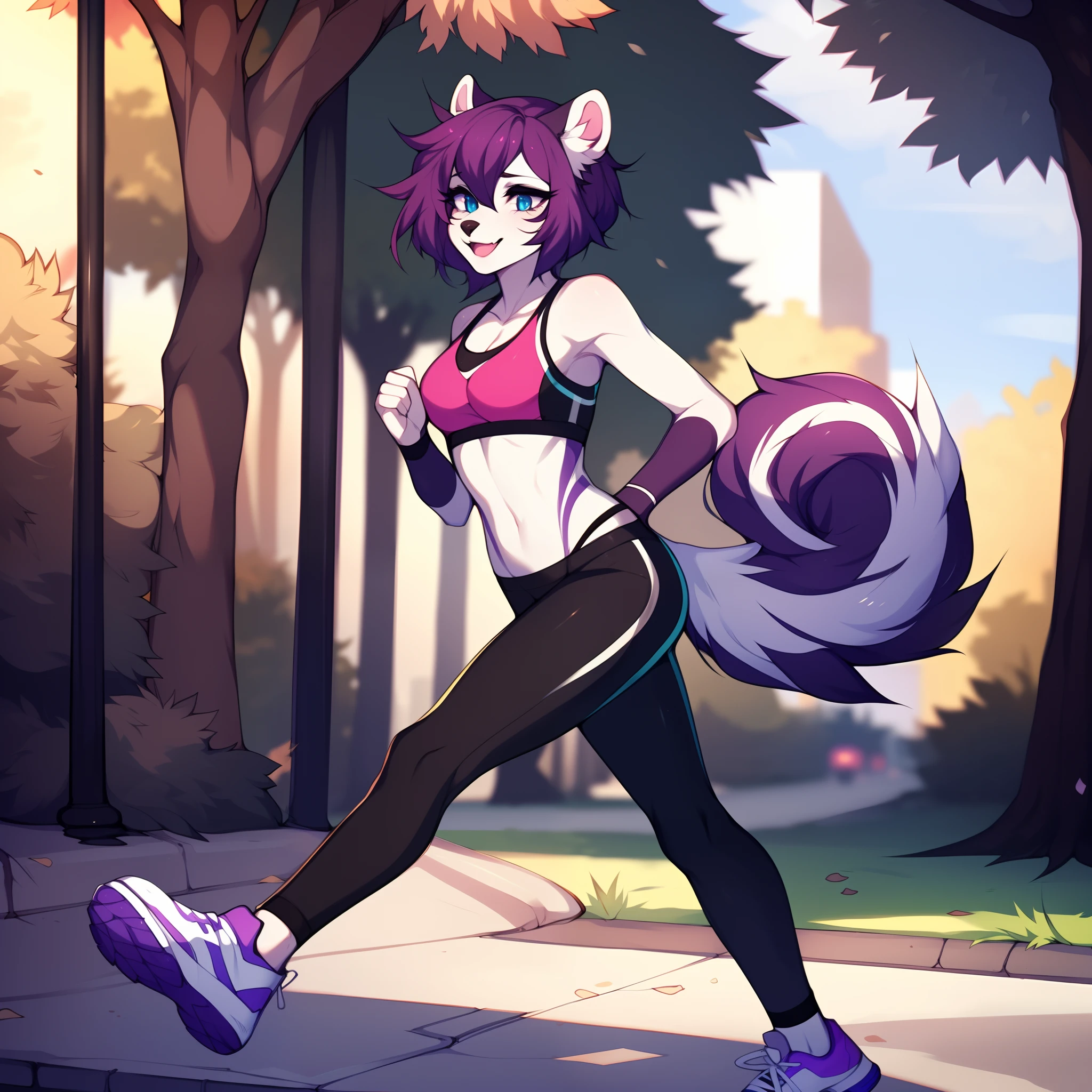 (By hyattlen, by fumiko, by claweddrip:1.2), solo:1.5, one girl, a purple anthro furry skunk girl, female, (purple and white furry body):1.1, black nose, (cute snout:1.1), cute purple skunk tail, (very short dark purple hair), simple solid blue eyes, wearing athletic clothes, jogging, jogging towards camera, outside at a park, jogging on a sidewalk, jogging_towards_viewer:1.3, looking_to_the_side_smiling:1.3, mouth open, looking away,