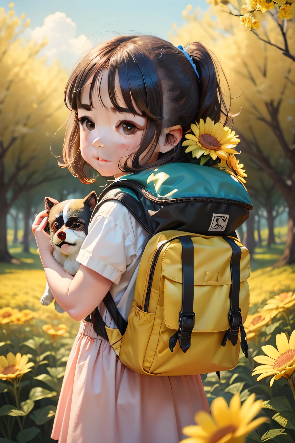 clew:A very sunny girl with a backpack on her back,With her cute puppy,Enjoy a lovely spring outing surrounded by beautiful yellow flowers and nature。The illustration is a high-definition illustration in 4K resolution,featuring highly detailed facial features and cartoon-style visuals。