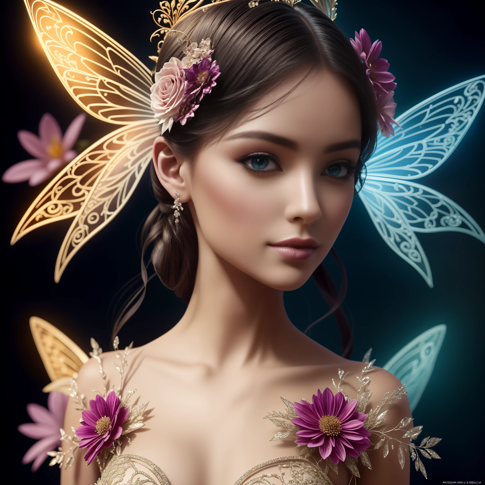 imagineA stunning, ethereal fairy wearing a dress made entirely of vibrant, colorful flowers. The petals are arranged in intricate filigree patterns, creating a breathtaking garment that perfectly accentuates her delicate features and graceful frame. Her face and body are beyond compare, with perfectly symmetrical eyes, nose, lips, arms, fingers, and body that seem to have been crafted by the gods themselves. The hyperrealism of the image is so precise that it looks like a photograph of a real fairy. The lighting is truly magnificent, with rays of light tracing through the petals of the flowers and casting a warm, magical glow over the entire scene. The use of ray tracing and Unreal Engine 5 technology creates a level of detail that is truly awe-inspiring. The image is rendered in 32K resolution, making every detail, no matter how small, crystal clear. The award-winning photography captures every nuance of the fairy's beauty, creating an image that is simply unforgettable.