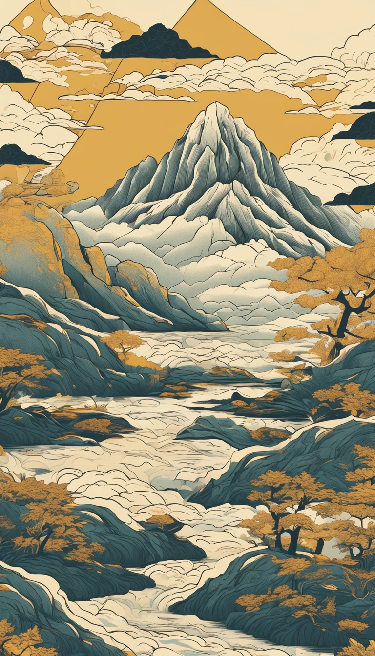 Mountain and Sea Skylark Scroll，There are mountains and waters in the picture，rios、grassy fields、Sun，Shirasawa、Many ancient sacred beasts such as the Chinese zodiac are haunted，Epic composition，shadowing，National style，Light yellow tone，Gold elements