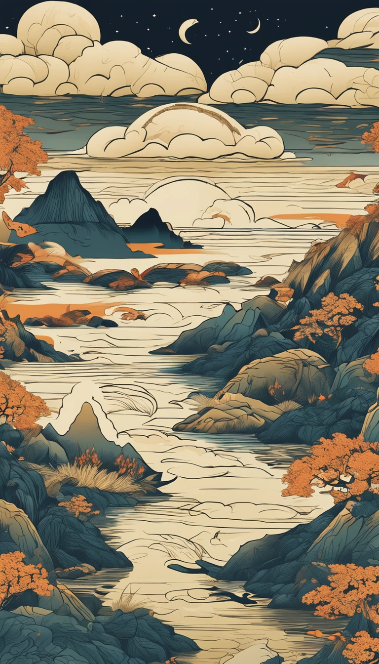 Mountain and Sea Skylark Scroll，There are mountains and waters in the picture，rios、grassy fields、Sun，Shirasawa、Many ancient sacred beasts such as the Chinese zodiac are haunted，Epic composition，shadowing，National style，Light yellow tone，Gold elements