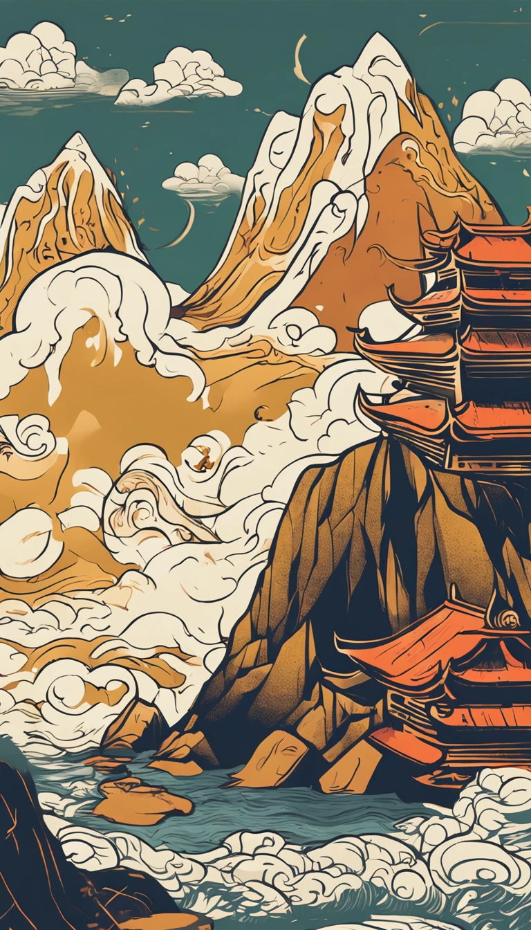 Mountain and Sea Skylark Scroll，There are mountains and waters in the picture，rios、grassy fields、Sun，Shirasawa、Many ancient sacred beasts such as the Chinese zodiac are haunted，Epic composition，shadowing，National style，Light yellow tone，Gold elements