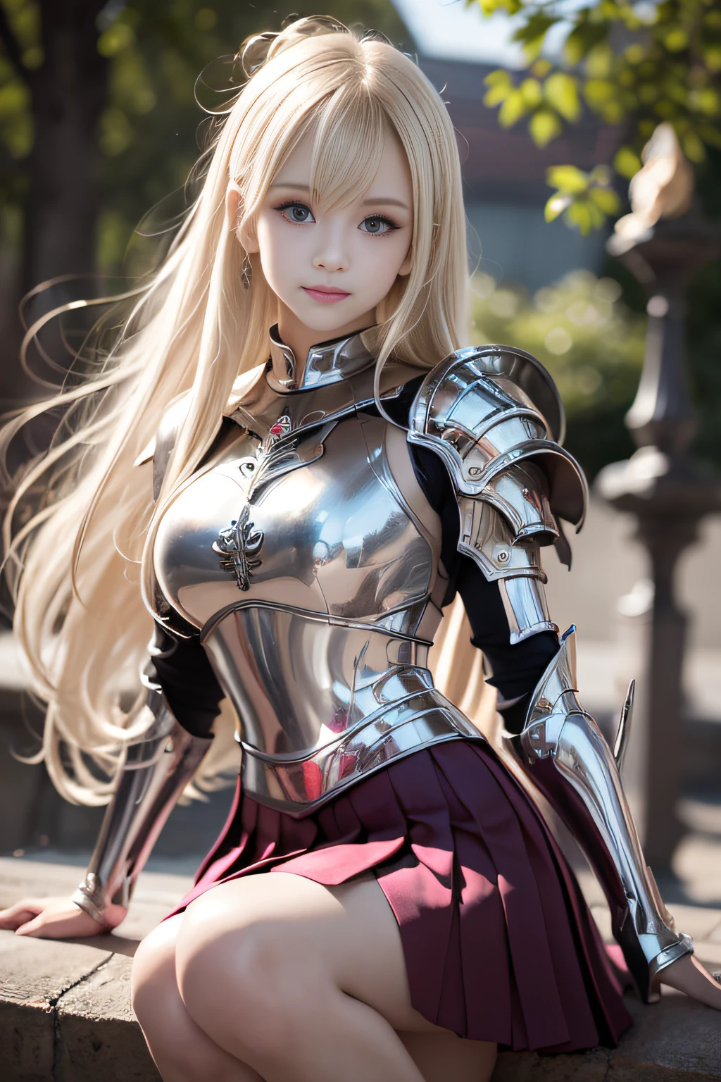 bright expression、poneyTail、Young shiny shiny white shiny skin、Best Looks、Blonde reflected light、Platinum blonde hair with dazzling highlights、shiny light hair,、Super long silky straight hair、Beautiful bangs that shine、Glowing crystal clear attractive big blue eyes、Very beautiful nice cute 16 year old girl、Lush bust,Beautiful detailed eyes, beautiful detailed nose,(( Full body:1.25)),Makeup that the eyes emphasize、((Pleated skirt with many folds)),(Women like Joan of Arc)、s Armor、Knights, With a sword and shield，Royal style，Comic style, , Sub-surface scattering, ornate detail, nature backdrop, Hyper-realistic, Cinematic, Dramatic Lighting, masutepiece