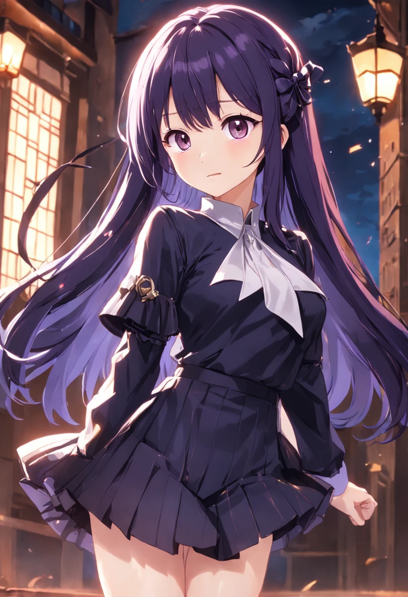 alto detalhe，alta qualidade，A high resolution，Personalidade de Keqing, 1 girl, roupa social, camisa branca, terno preto, mini saia (preta), cabelo rabo de cavalo ((Roxo)), sorriso com dentes, bunda grande, peitos muito grande, corpo inteiro, escritorio