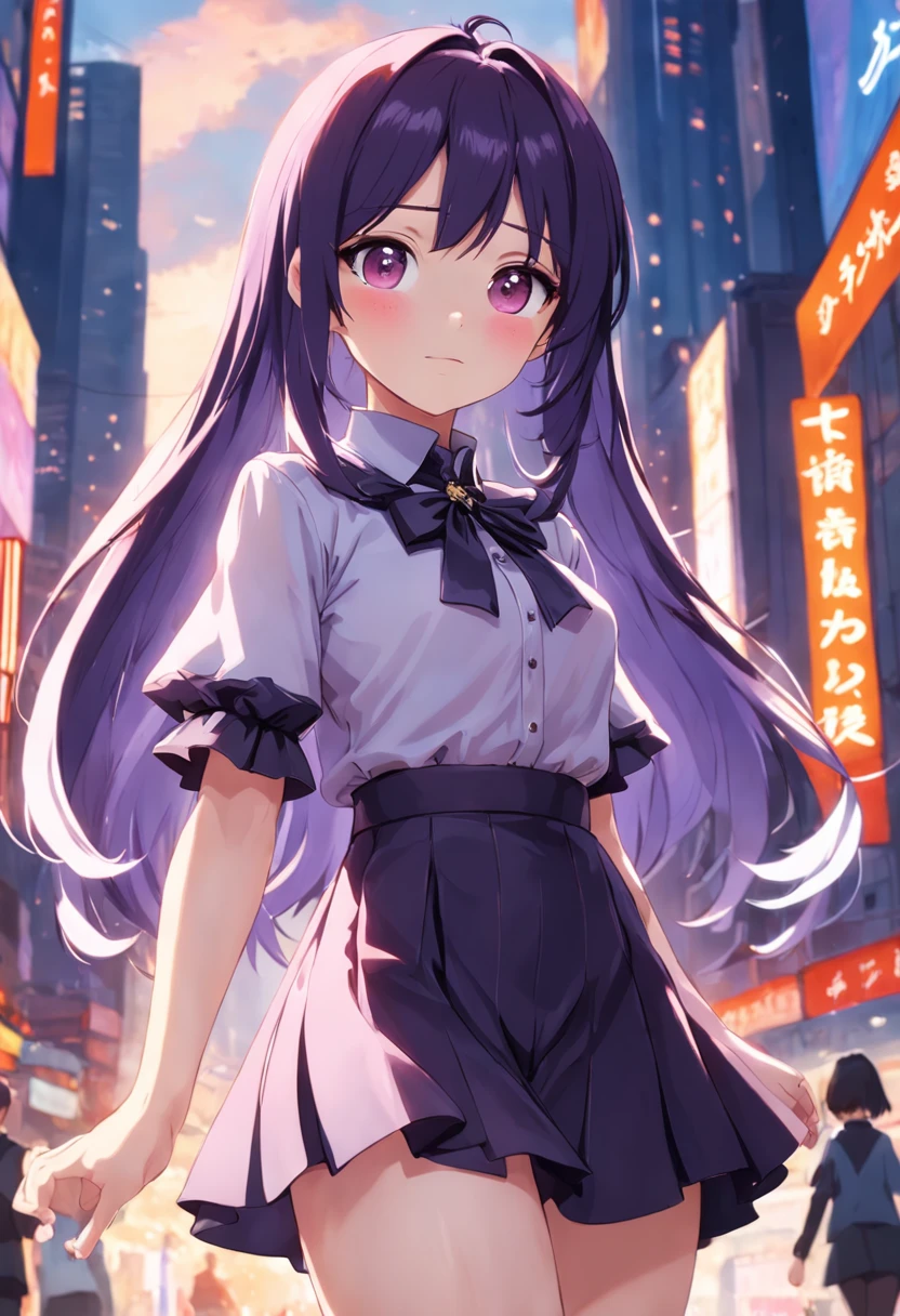 alto detalhe,alta qualidade,A high resolution,Personalidade de Keqing, 1 girl, roupa social, camisa branca, terno preto, mini saia (preta), cabelo rabo de cavalo ((Roxo)), sorriso com dentes, bunda grande, peitos muito grande, corpo inteiro, escritorio