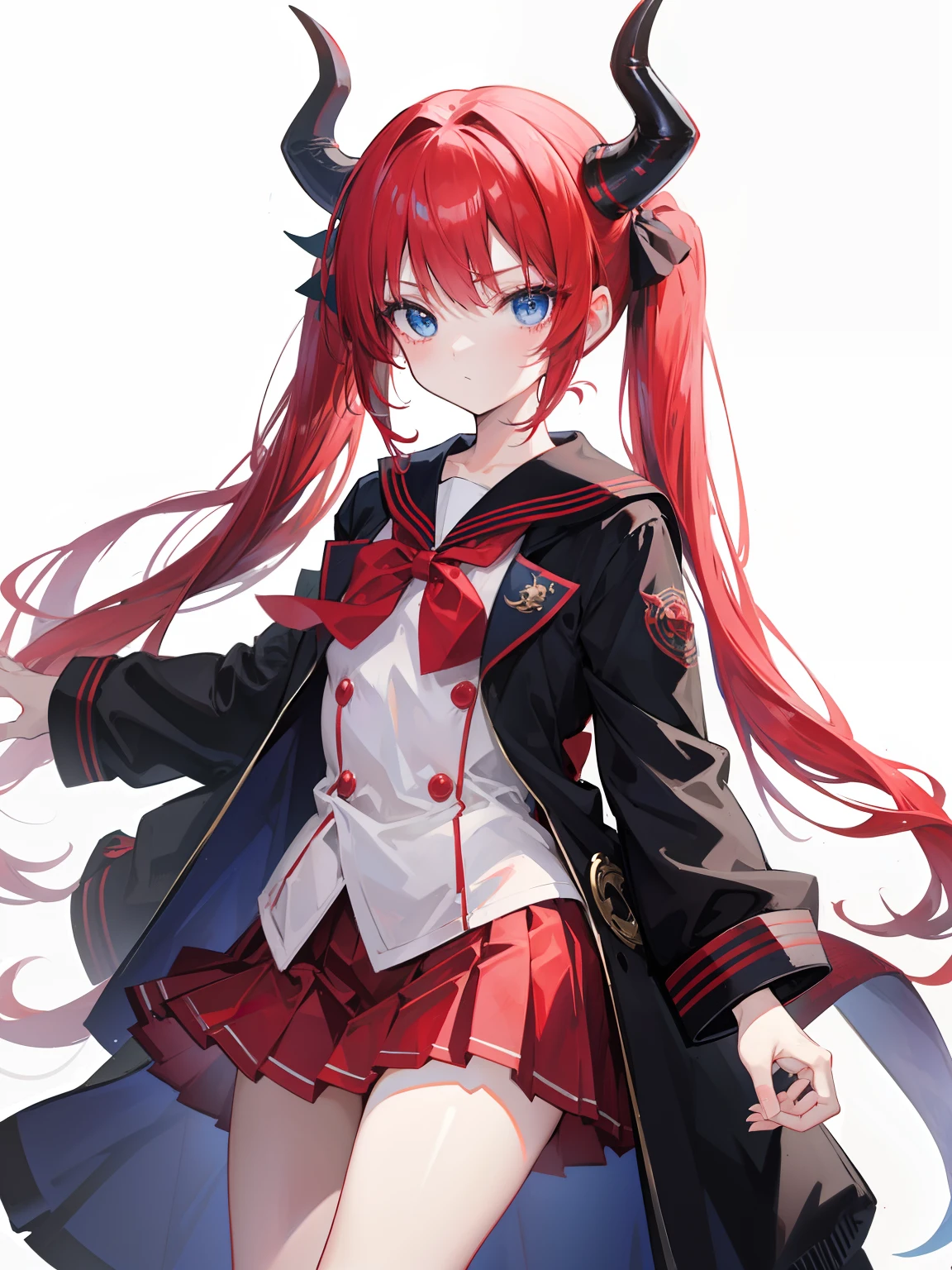 red hair, blue eyes, twintails, Sailor suit,black coat, Dragon horns,Pleated skirt,solo,loli,cute,bow