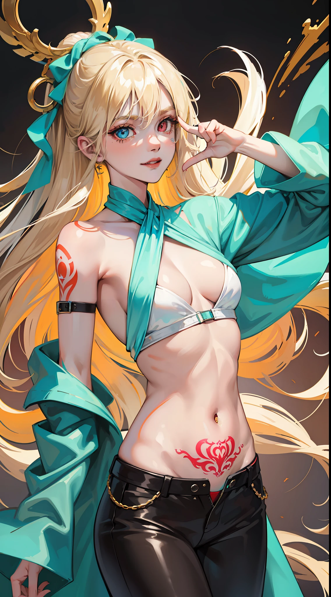 young girl, longue blonde hair, Heterochromia, turquoise and red eyes, smirk, Tatoo, tight turquoise top, open belly, Skinny black pants, seen from behind, tattoo, Masterpiece, hiquality