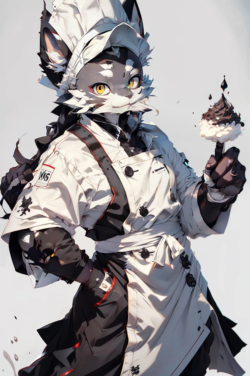 Anthro black cat, male, wearing a white chef outfit and a white chef hat, with facial fluff, looking directly at the viewer, high resolution, high quality