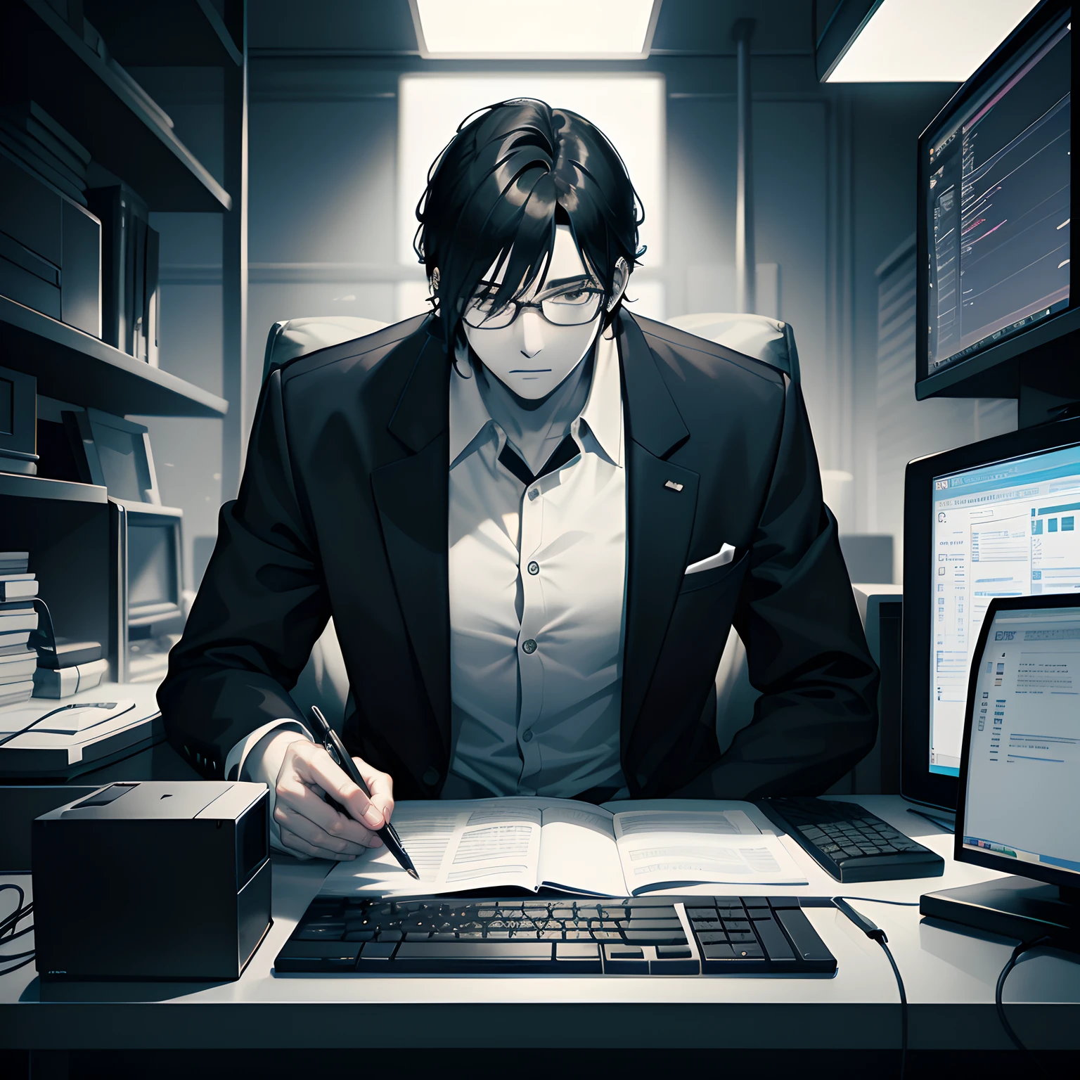 programmer,Computer,decadent,His face turned pale,agony,male people,With black-framed glasses,solo person,the night