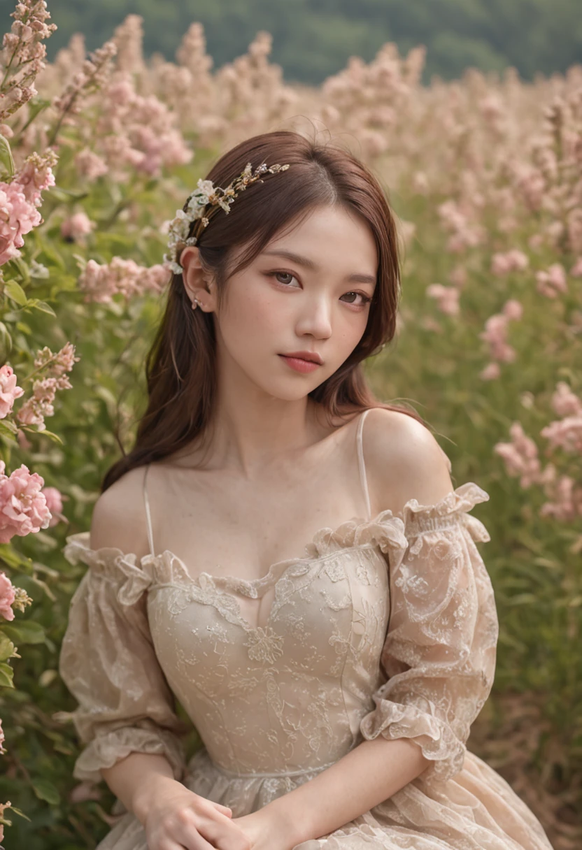 a beautiful youthful korean girl, 1girl, long wine-red hair, detailed beautiful eyes, elegant facial features, delicate skin, pink lips, serene expression, intricate flower crown, flowing dress, surrounded by lush greenery, natural lighting, cinematic composition, dreamlike atmosphere, muted color palette, (best quality,4k,8k,highres,masterpiece:1.2),ultra-detailed,(realistic,photorealistic,photo-realistic:1.37)