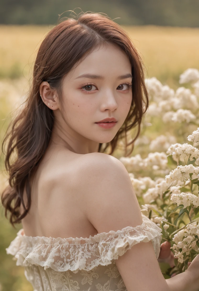top-quality、masterpiece、超A high resolution、(Photorealsitic:1.4)、Raw photo、1girl in、doress、off shoulders、flower field、鎖骨