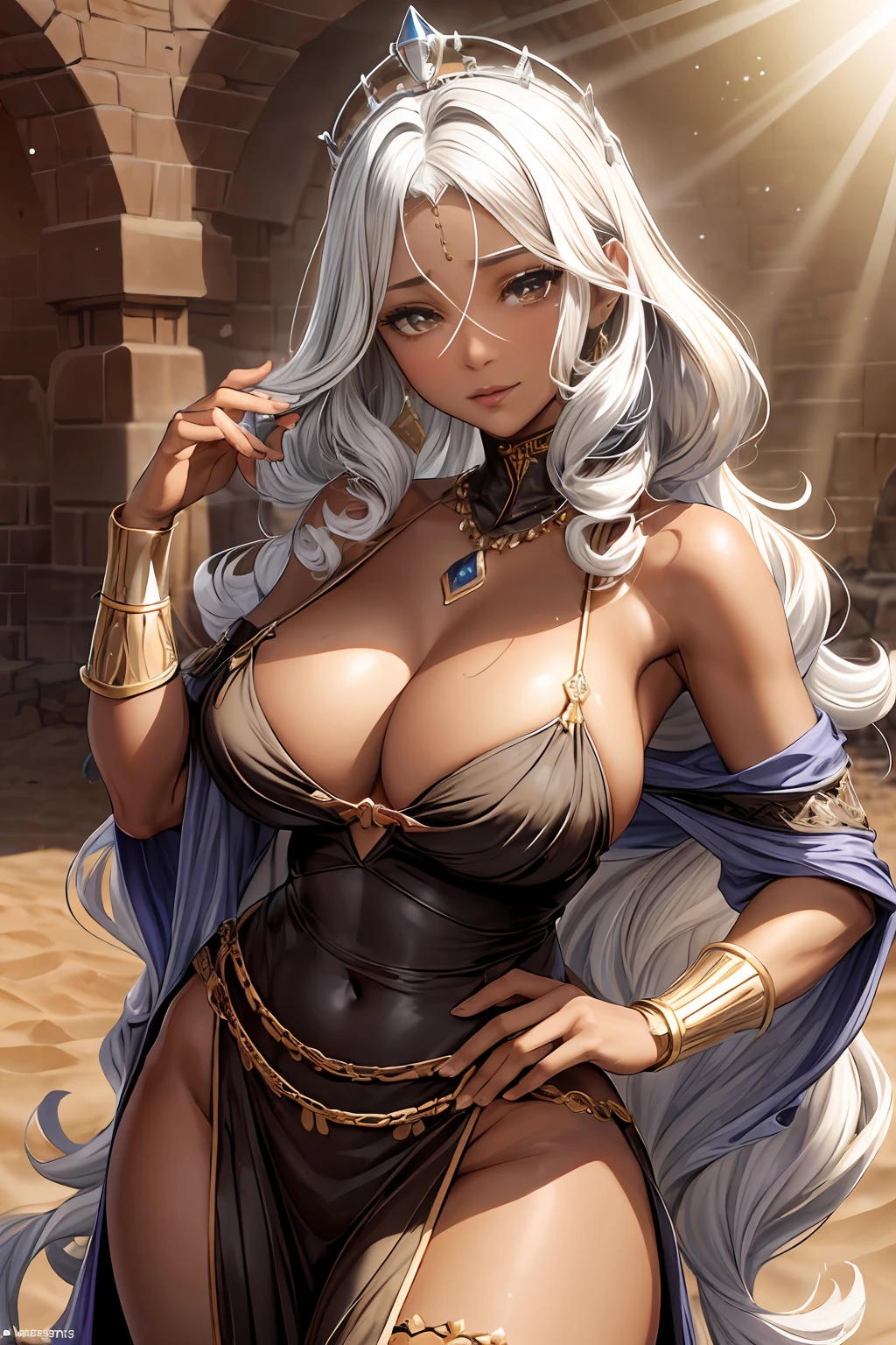 Por favor, a medieval scene, (desert sand:1.7), (desert: 1), Create an illustration of a confident young human with rich ebony skin, radiating strength and individuality. Seu tom de pele varia de profundo e aveludado a tons de mogno, transmitindo um sentimento de orgulho e beleza. The character's expression should reflect her unique persona, capturing the essence of her dark-toned complexion and self-assured demeanor,

hair is a crown of voluminous, Curly locks that frame her face with grace, Celebrando a beleza dos cabelos naturais. Curls form intricate patterns that add to their charm. The costume of the character consists of a tasteful and elegant medieval-inspired set. O vestido, feito de materiais de qualidade, flows gracefully without excessive extravagance. The design shows her real presence, maintaining a dignified appearance.

Com um slim, Young physicist reminiscent of an 25-year-old, her proportions are athletic and thick, enhancing her beauty realistically.

Artwork should be detailed, capturing the interaction of light and shadow on the skin, Hair, e traje para transmitir profundidade e personalidade. This portrait will emphasize her individuality and confident presence in a way that is respectful and true to her character, All set in a medieval setting, cameltoe